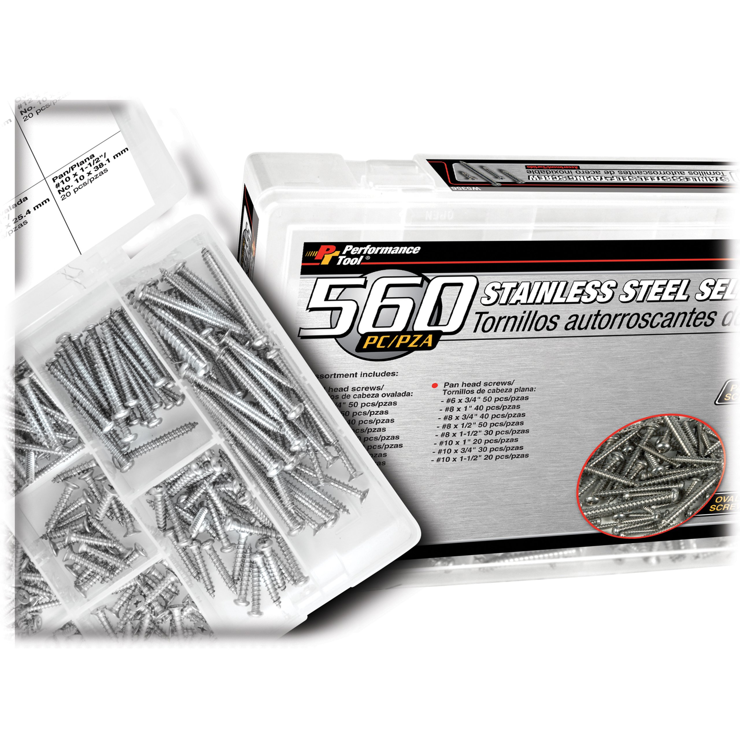Performance Tool W5356 560-Piece Self-Tapping Screw Assortment, Stainless Steel
