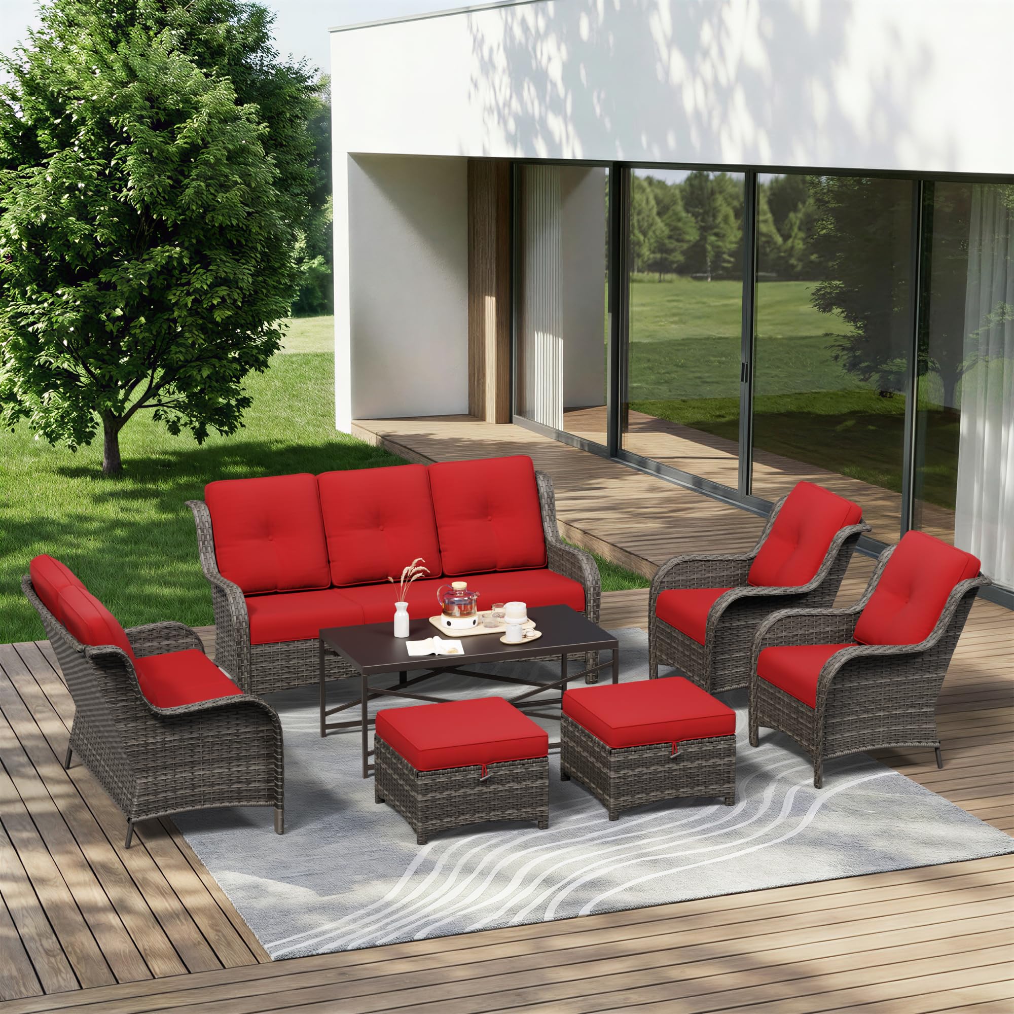 7 Piece Outdoor Wicker Patio Furniture Set, Patio Chairs Set with Thickened Olefin Cushions, High Back and Deep Seating, Hand-Woven PE Rattan, Ottoman for Porch, Deck