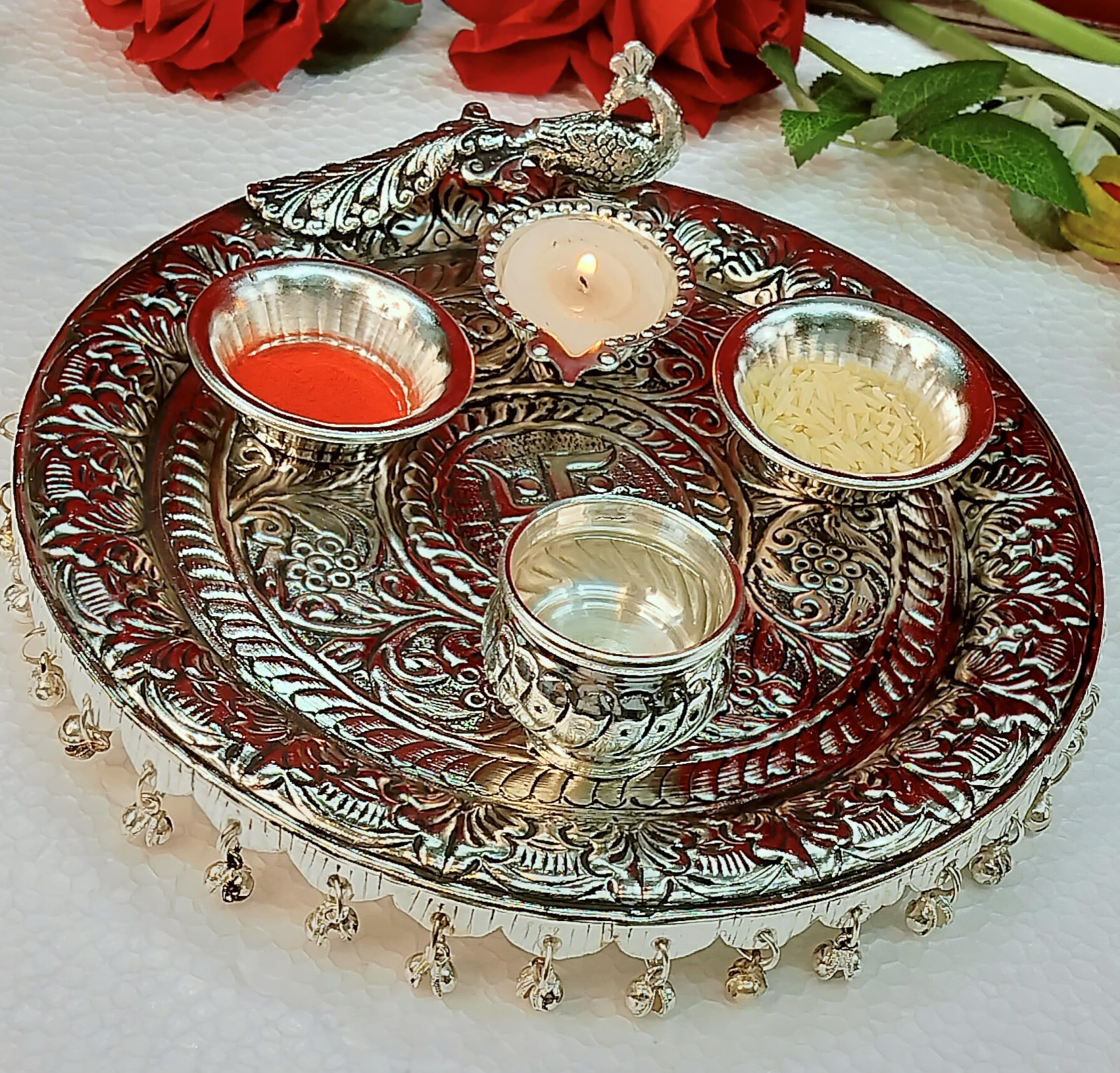 indiancraftsbykanika German Silver Peacock Design Ghungaru Aarti thali Set of 4 Pieces