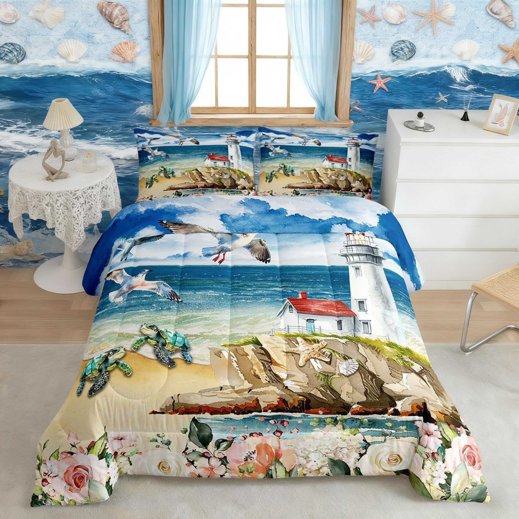 Castle Fairy Sea Lighthouse Comforter Set Queen Size,Blue Ocean Beach Turtle Birds Animal Bedding Set for Women Adult,Starfish Shell Colorful Flowers