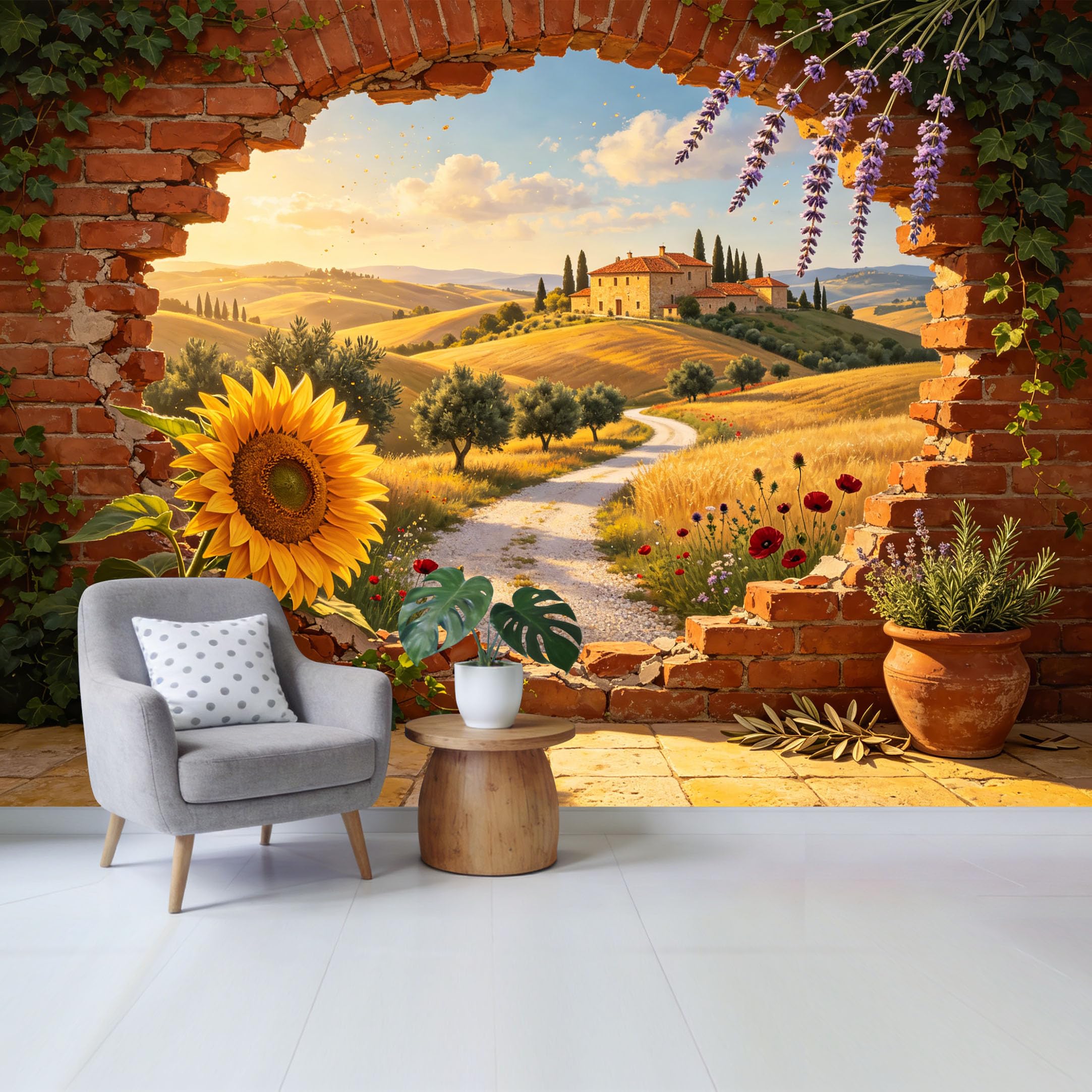 Custom Size Wall Mural Tuscan Landscape Sunflower Field 3D Window View Removable Self Adhesive Fabric Home Wall Decor for Living Room Bedroom Bathroom Countryside Art