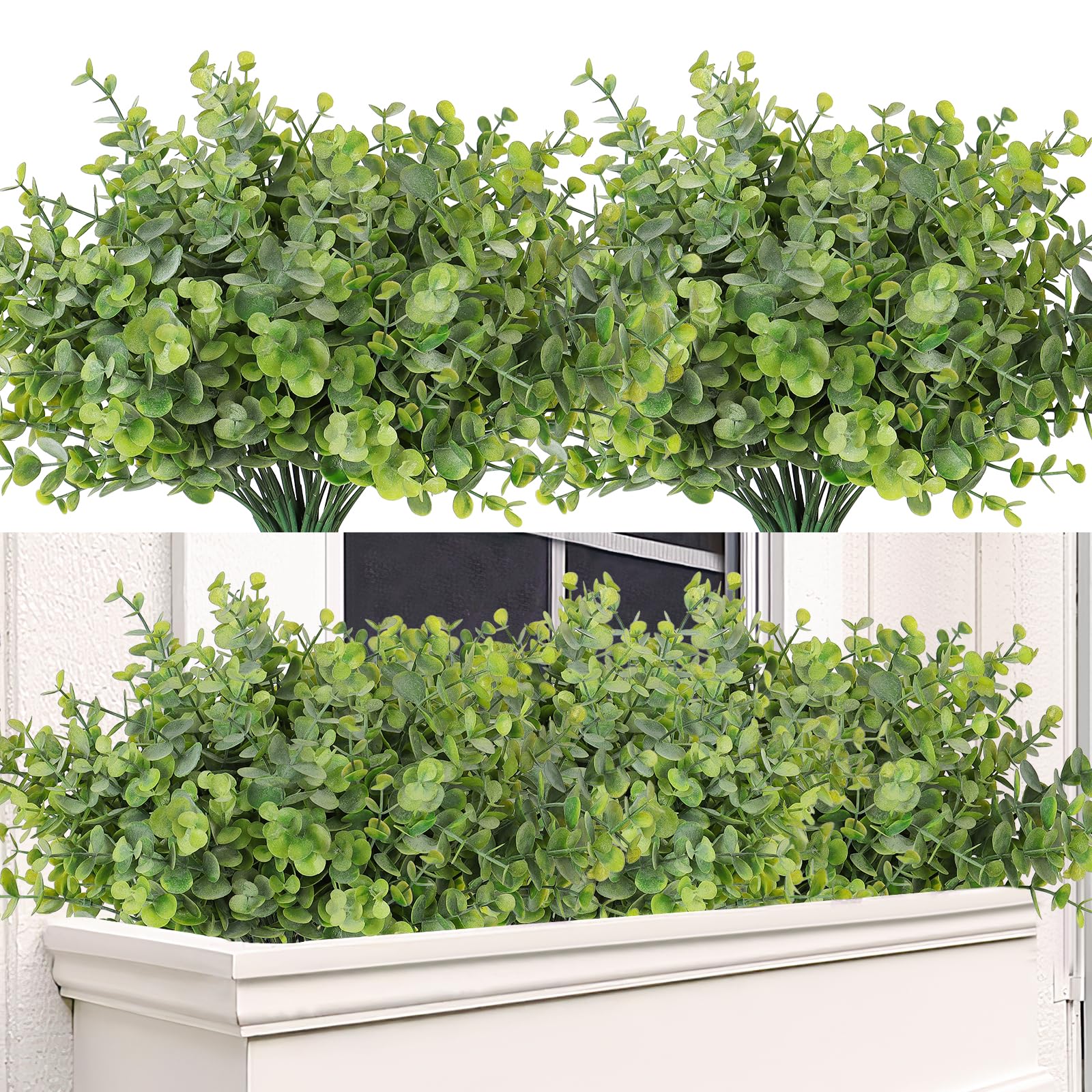 TOCHGREEN 8 Bundles Artificial Eucalyptus Leaves Plants Outdoor UV Resistant Faux Plastic Boxwood Shrubs Fake Greenery Plants for Home Farmhouse Porch Patio Window Garden Decoration (Green)