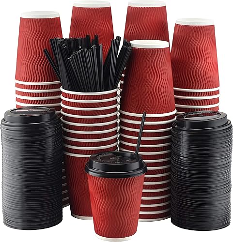 NYHI Paquete de 100 vasos de papel rojo de 10 onzas con tapas negras, tazas de café, desechables, sin BPA, aisladas, onduladas, vasos de papel kraft