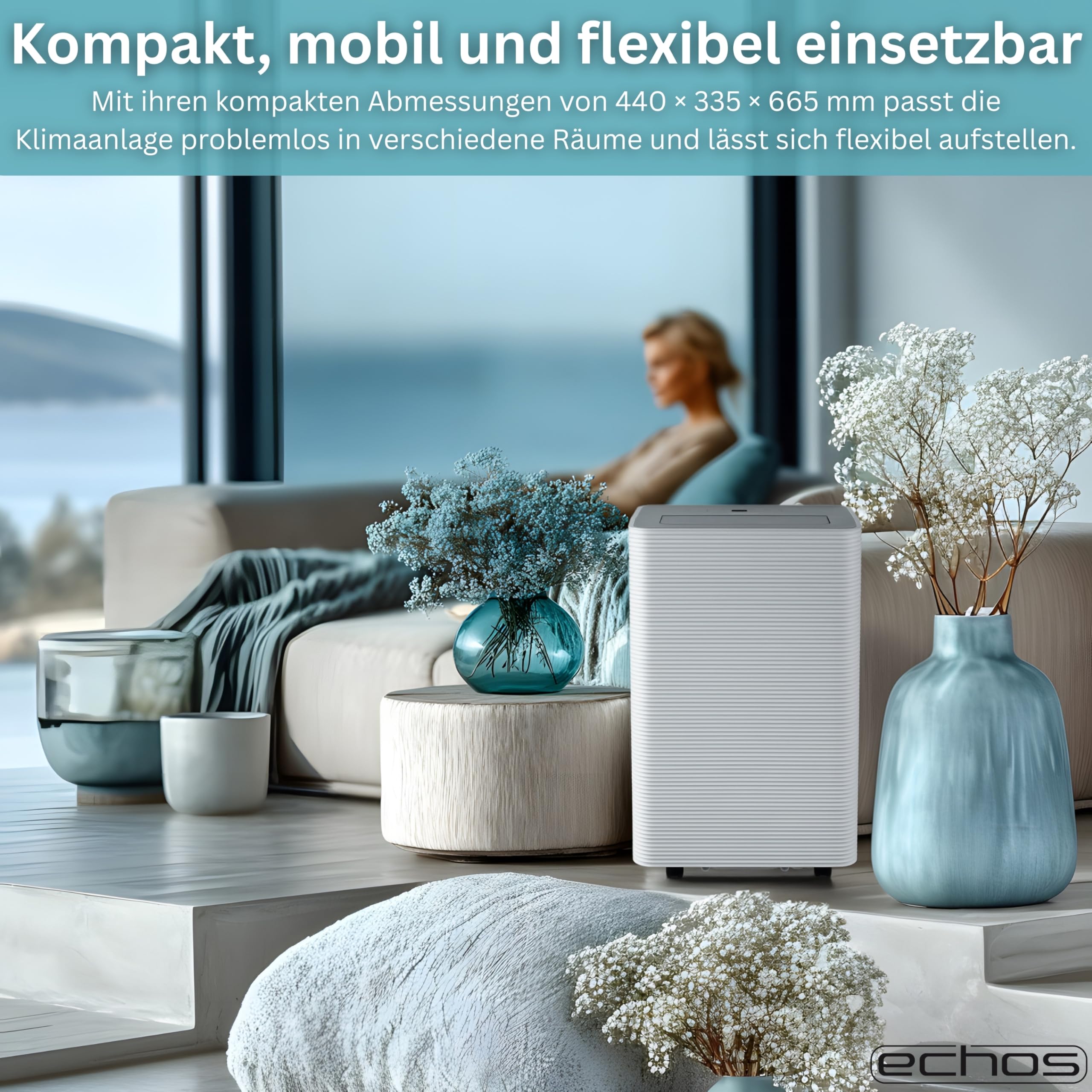 Echos® Mobile Klimaanlage 12.000 BTU mit Abluftschlauch WiFi & Fensterabdichtung Mobiles Klimagerät Leise ≤56dB App/WLAN Steuerung Fernbedienung 24h Timer 3in1 Luftkühler, Luftentfeuchter & Ventilator - 5