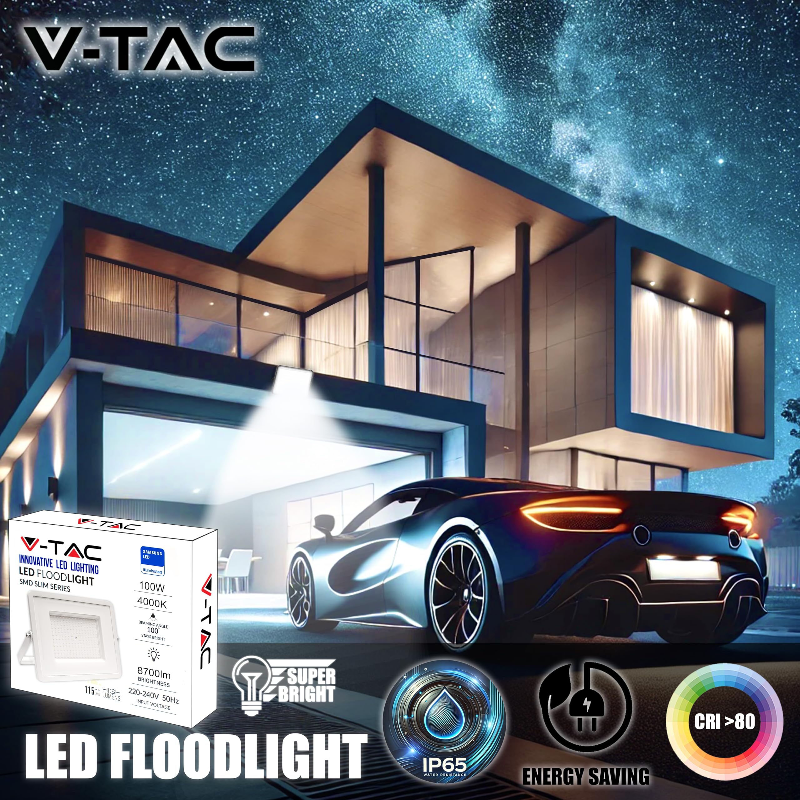 V-TAC Faro LED da Esterno Bianco 100W - [Chip Samsung - Alte Perfomance, Bassi Consumi] - 8700 Lumen - IP65 - Proiettore Faretto LED Nero per Casa, Giardino, Garage - Impermeabile - Fari Luce Naturale