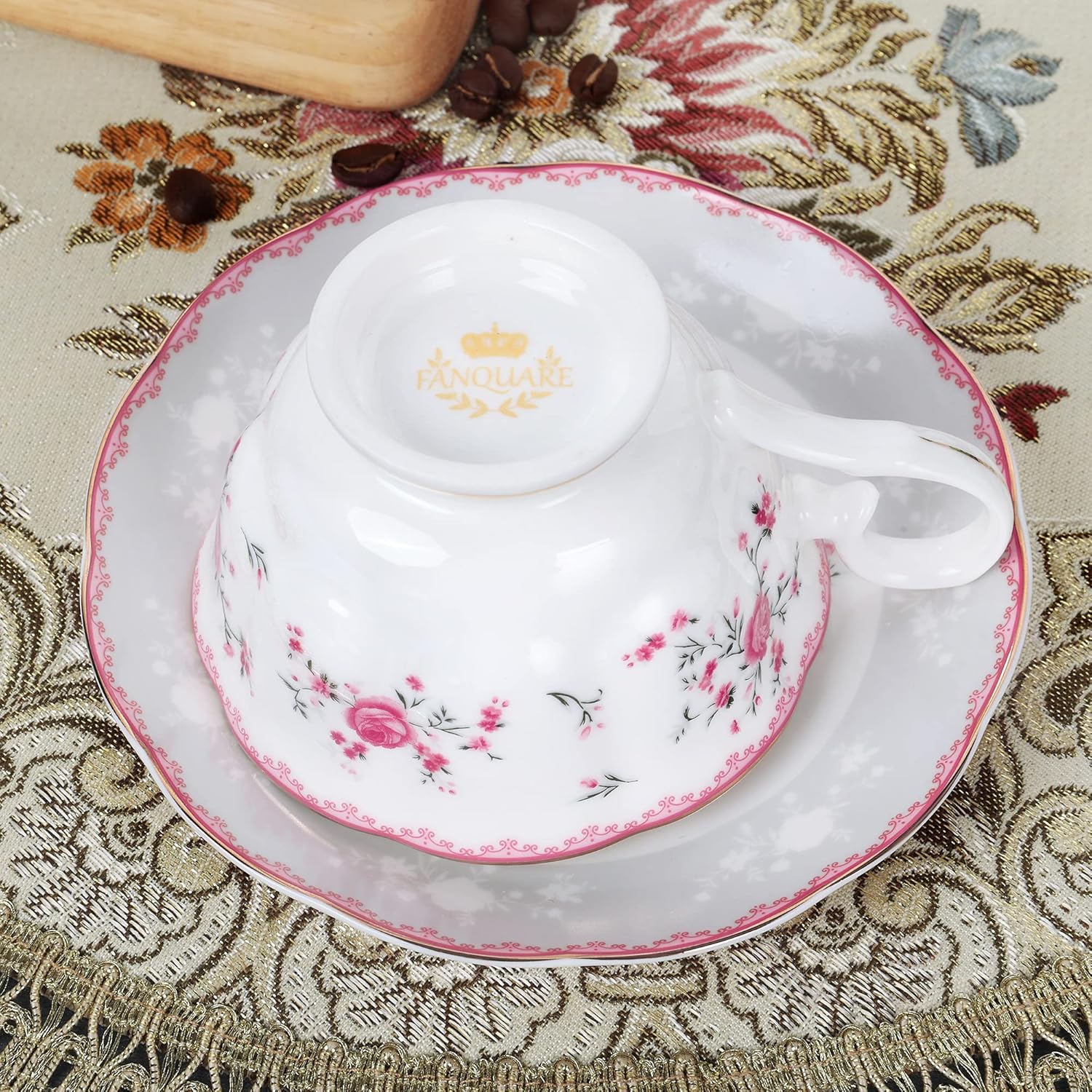 fanquare Pink Rose Tea Cup and Saucer Set for 6, British Vintage Afternoon Cup Set, Porcelain Coffee Cup with Gold Border, 5 oz