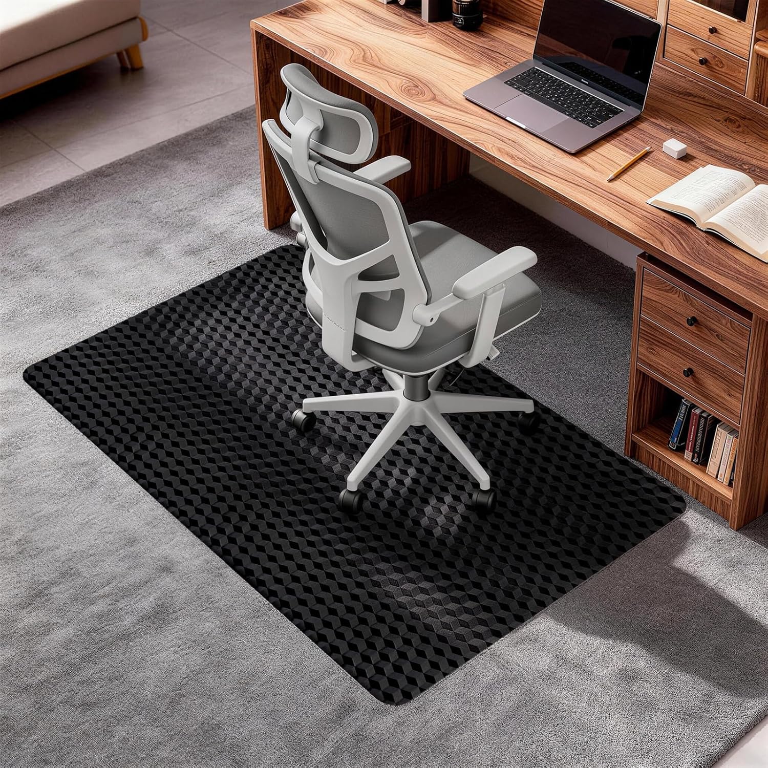 Winado 36"x48" Office Chair Mat for Low-Pile Carpets, 3D Geometric Textured Heavy-Duty Studded Carpet Protector, Waterproof Floor Mat for Home Office Gaming, Black