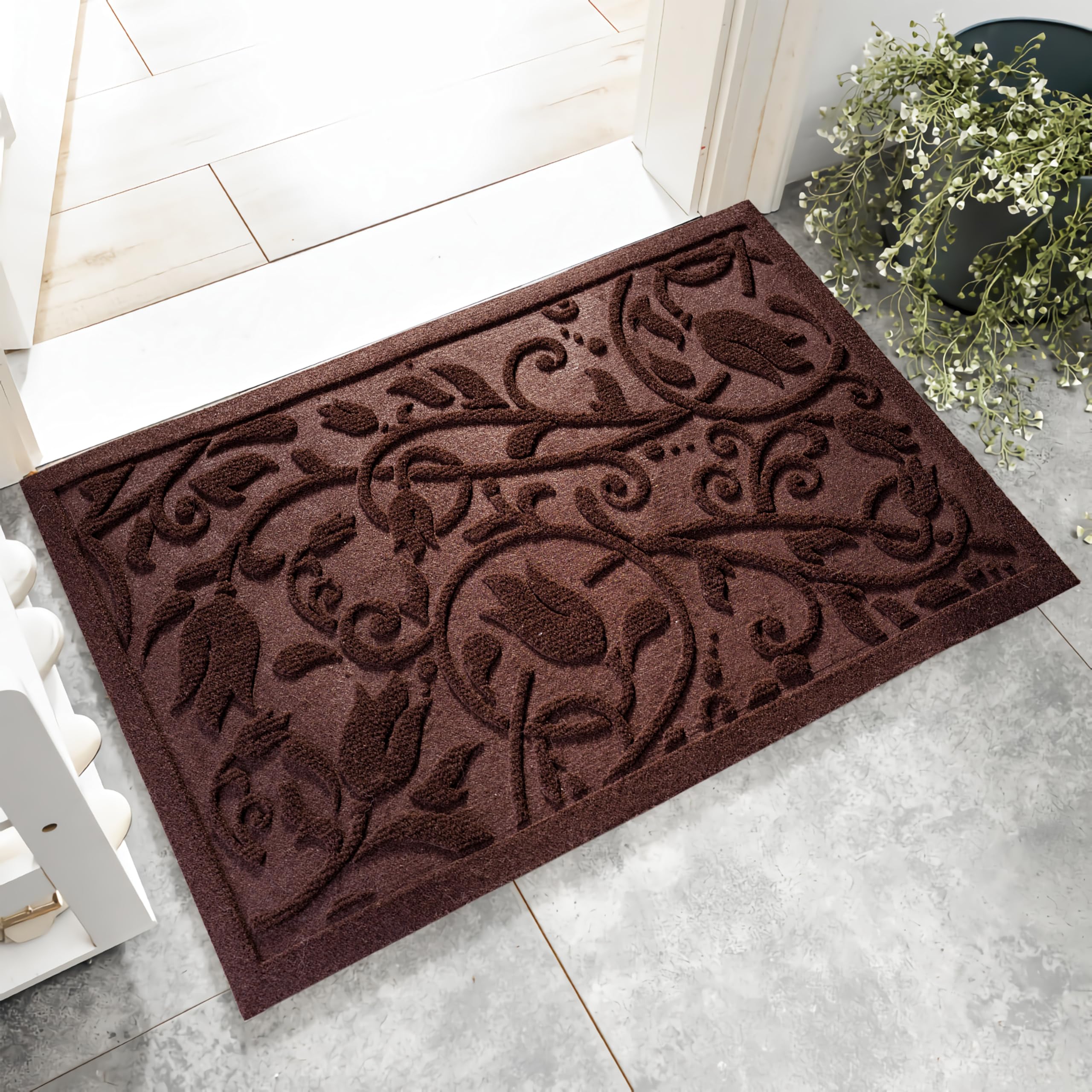 ViveNest Boho Coffee Brown Floral Leaves Outdoor Indoor Entrance Doormats, Absorbent Durable Heavy Duty Welcome Front Door Mat,Thick Natural Rubber