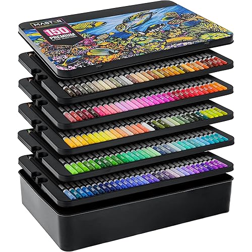 Master 150 Colored Pencil Mega Set with Premium Soft Thick Core Vibrant Color Leads in Tin Storage Box - Professional Ultra-Smooth Artist Quality - Blending, Shading, Layering, Adult Coloring Books