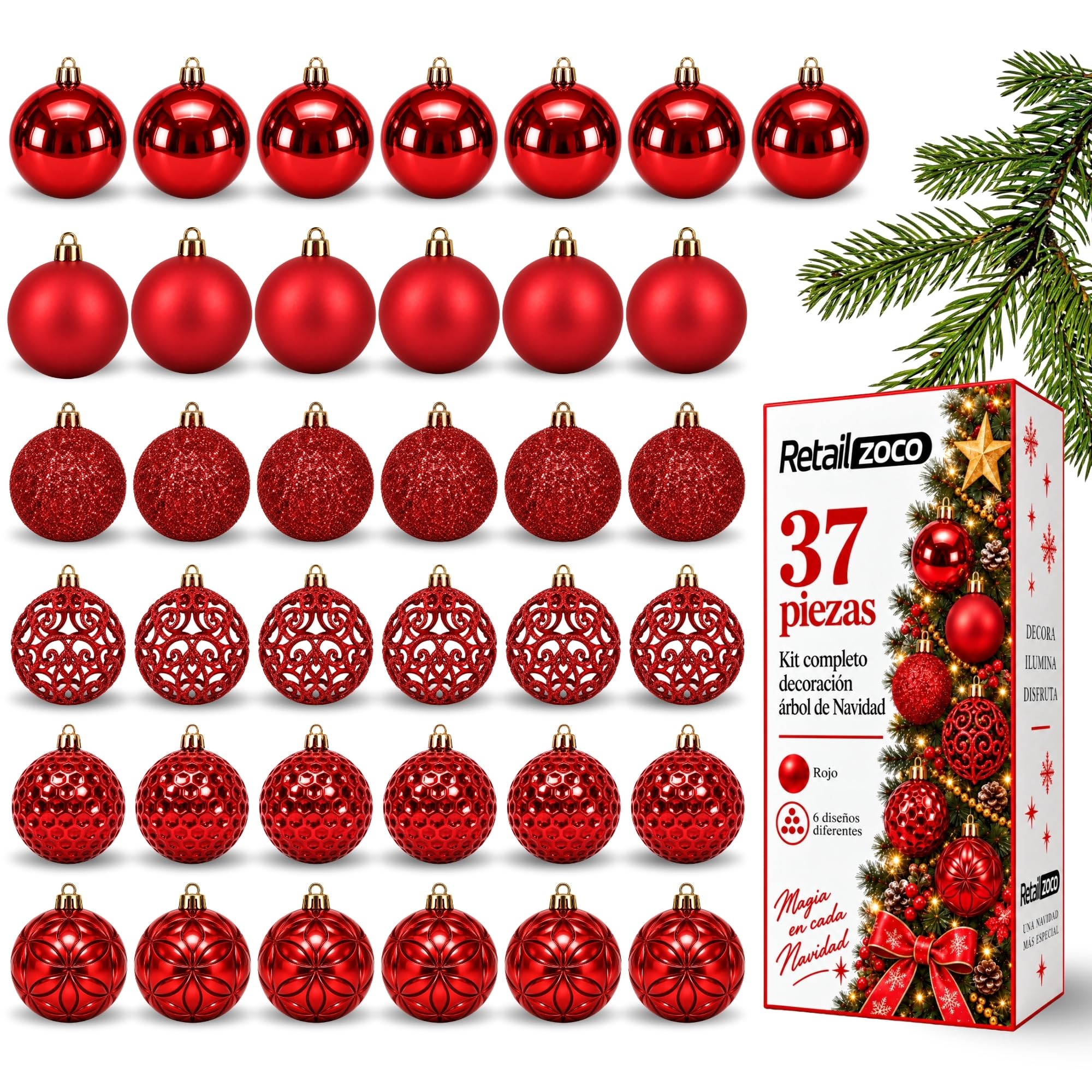 Bolas de Navidad, Adornos Arbol Navidad, 37 Piezas, Rojo - imagen 1