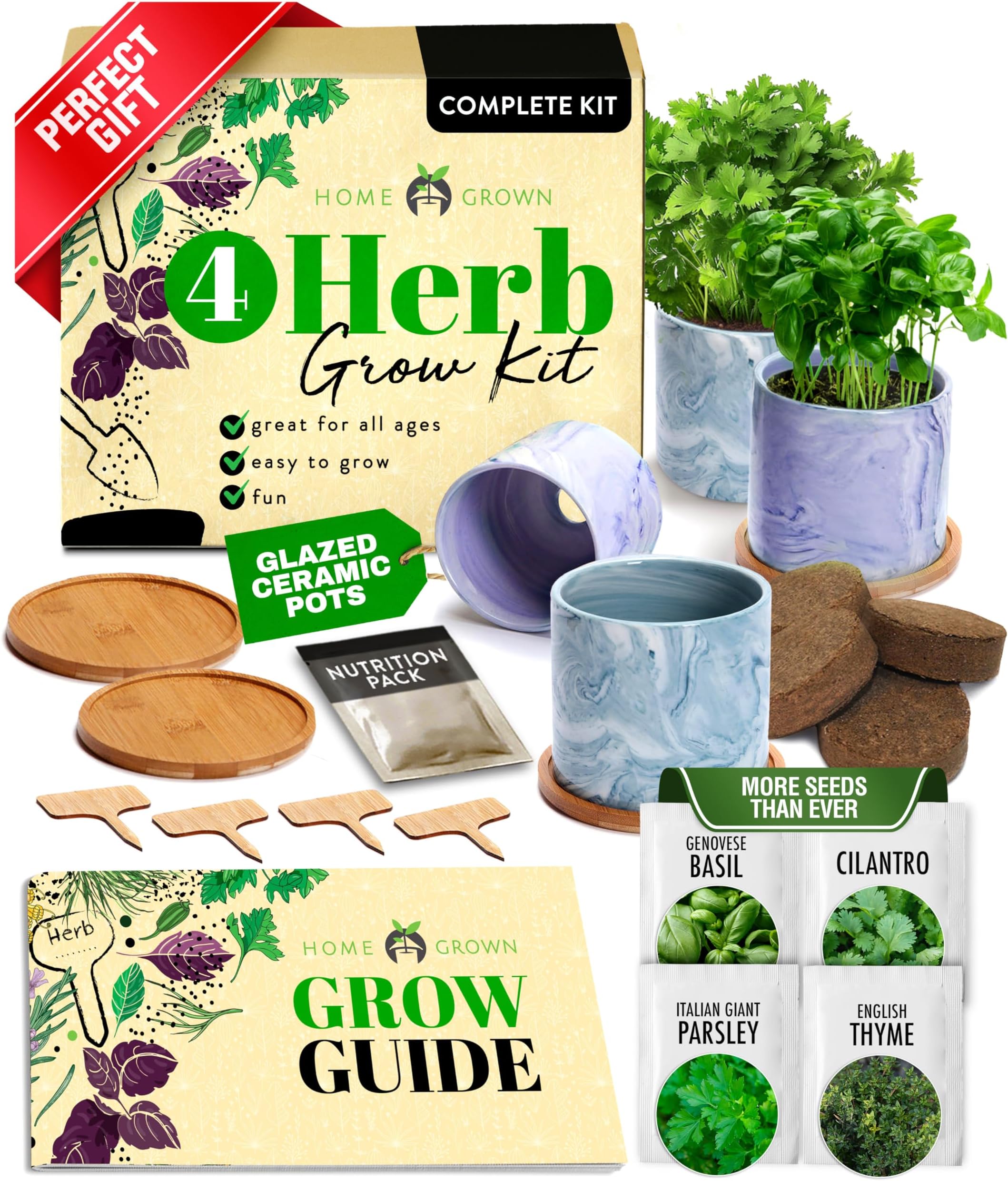 HOME GROWN Indoor Herb Garden Kit w/Glazed Ceramic Pot - Easy-to-Grow Kitchen Window Gardening Starter Set - Unique Housewarming Gift for Women, Mom, Gardeners, Friend, Her, Mother