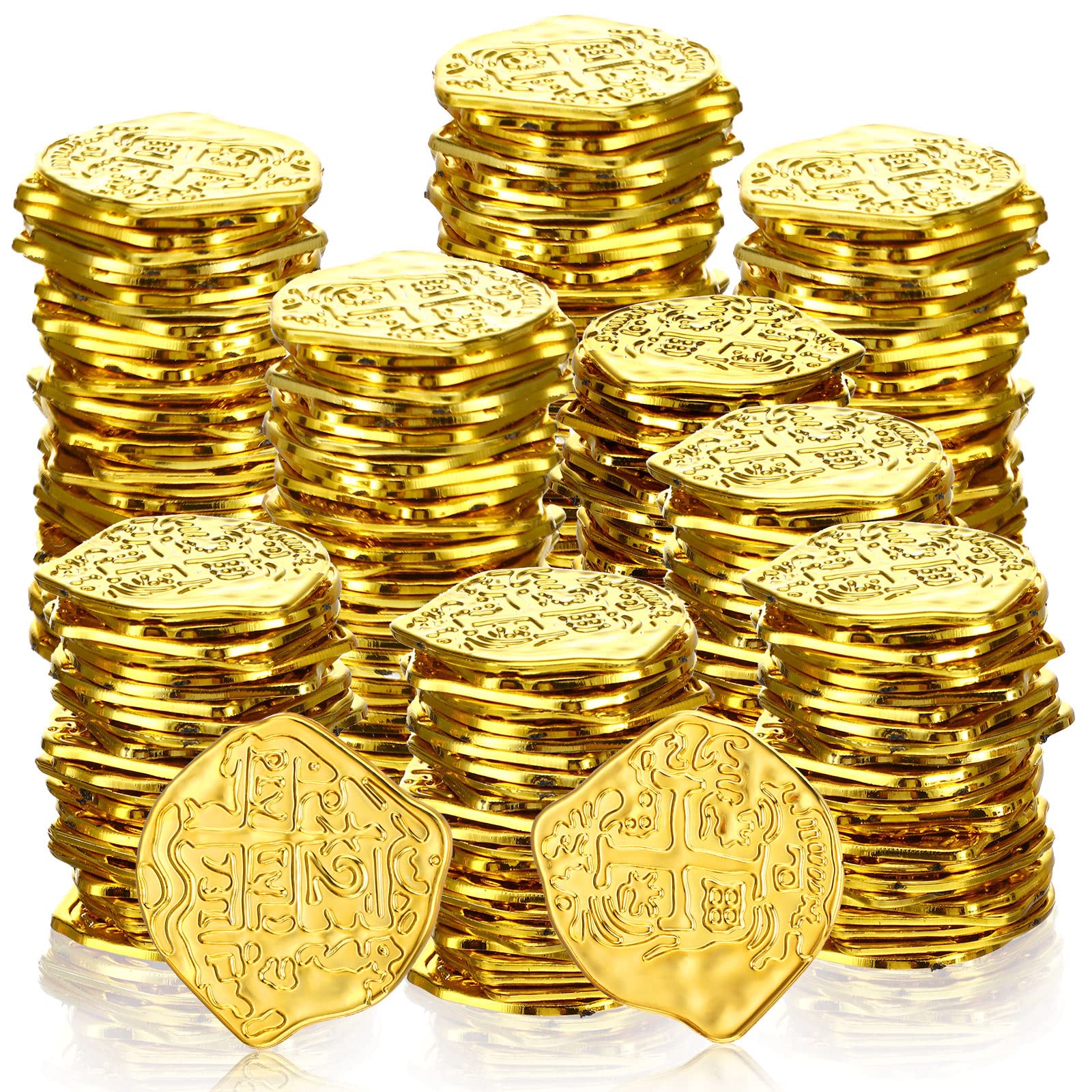Hanaive 300 Pcs Pirate Coins Plastic Gold Coins Kids Fake Play Coins Replica Spanish Doubloons for Pirate Party Treasure Chest Board Games Tokens Toys Cosplay, Gold