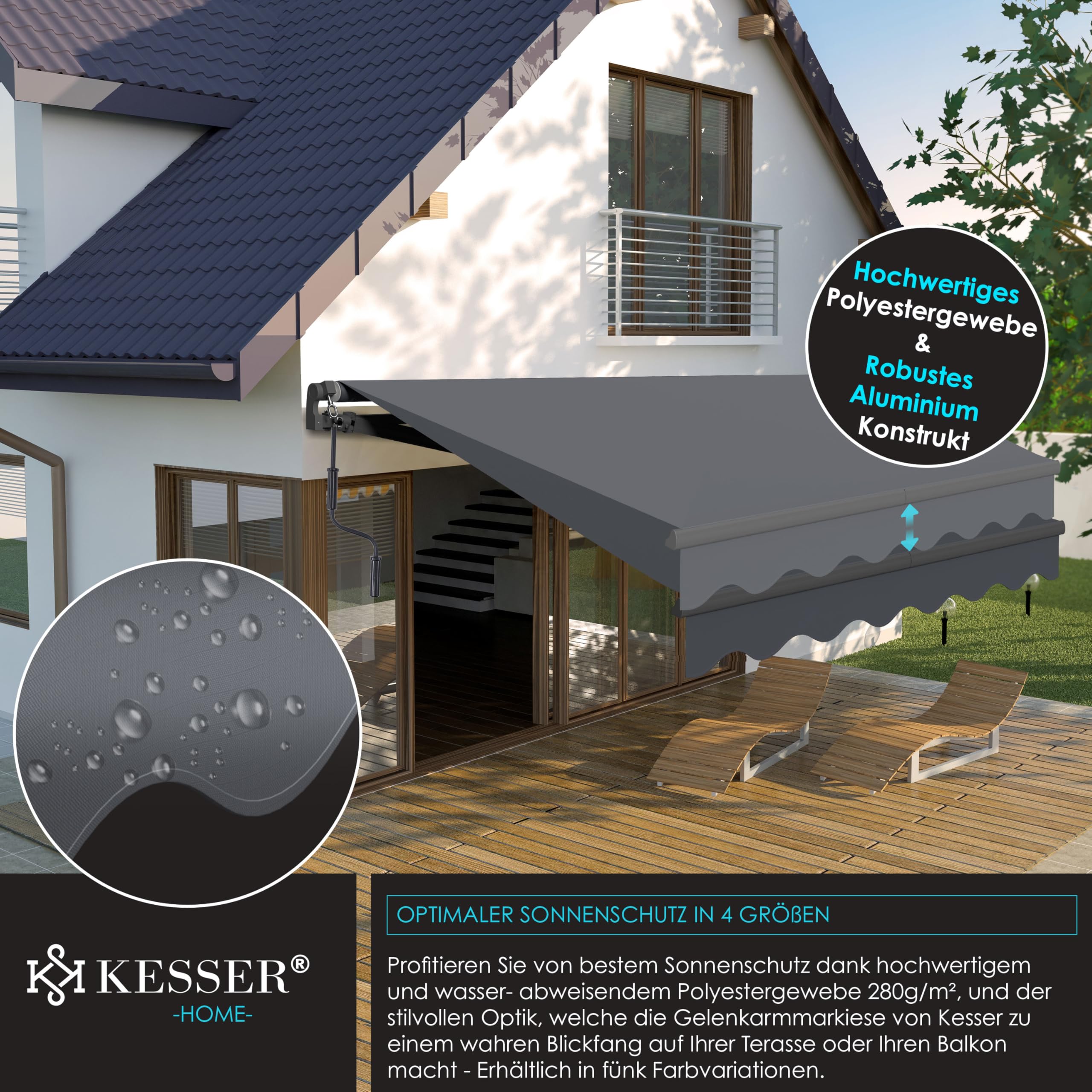 KESSER® Gelenkarmmarkise Vormontiert Markise Gelenkmarkise 300 x 250 cm Terrassenmarkise Sonnenmarkise inkl. Wandhalterung Sonnenschutz Balkonmarkise wasserabweisend Alu/Polyester Anthrazit
