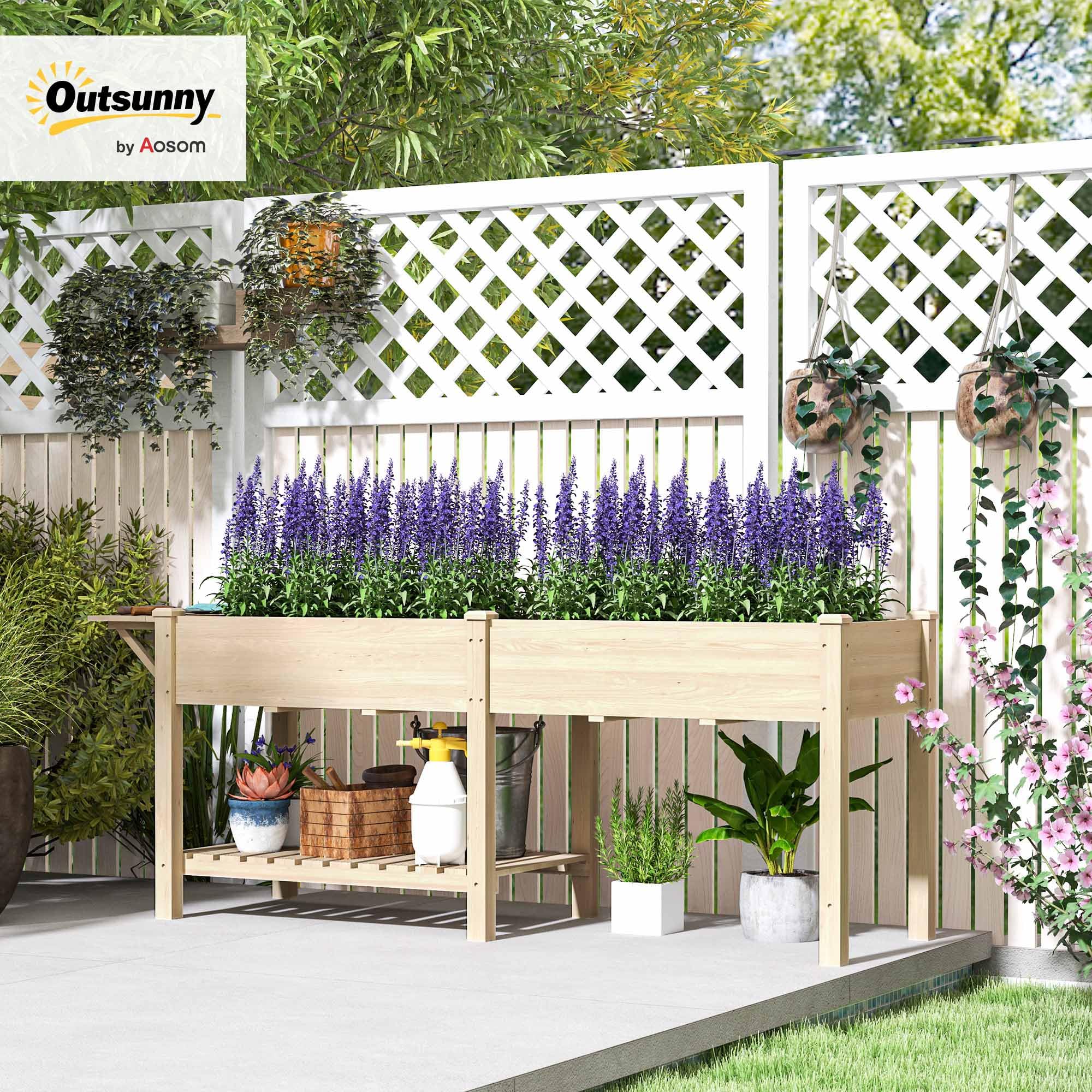 Outsunny Jardinière sur Pieds 2 Bacs 207 x 59 x 78 cm Bois Naturel | Carré Potager de Jardin sur Pieds, 2 Bacs avec Séparateur, Tablette Pliable, Potager Surélevé en Bois pour Fleurs
