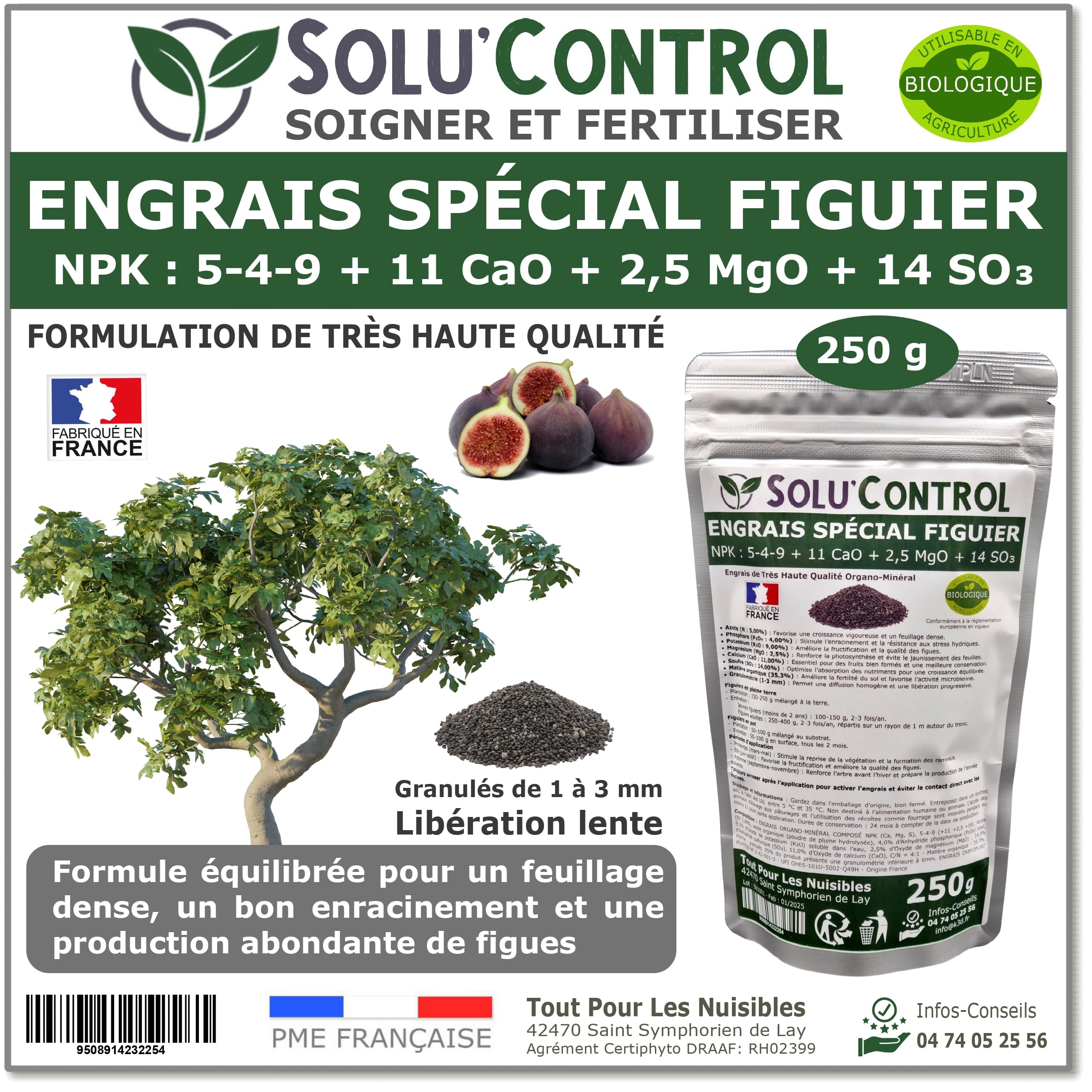 Engrais Spécial Figuier 250g SoluControl NPK 5-4-9 - Riche En Calcium Magnésium - Agriculture Biologique
