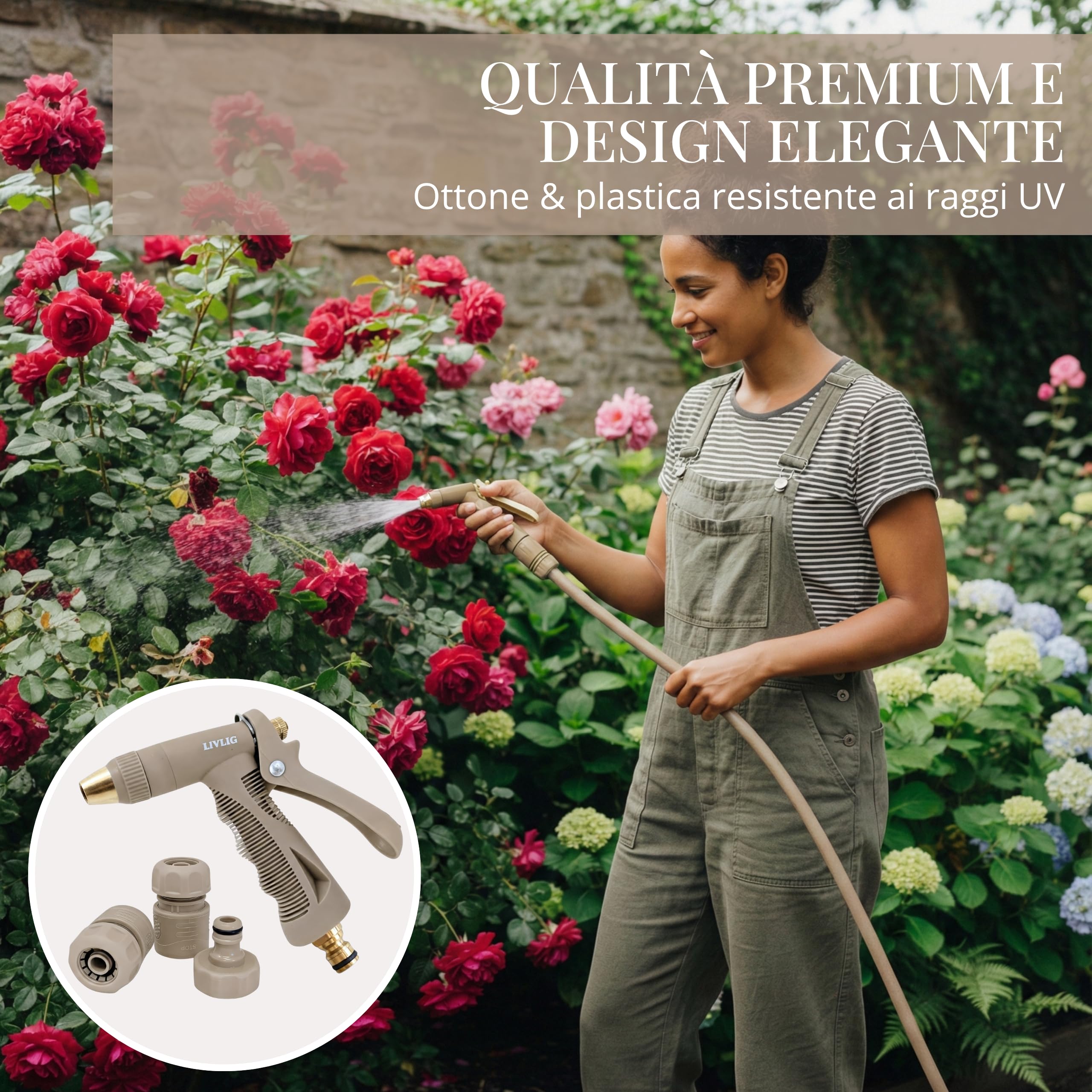 LIVLIG Set tubo 50 m 1/2" – tubo anti‑piegatura e UV con pistola e raccordi (G3/4, stop 1/2, rapido) – Beige