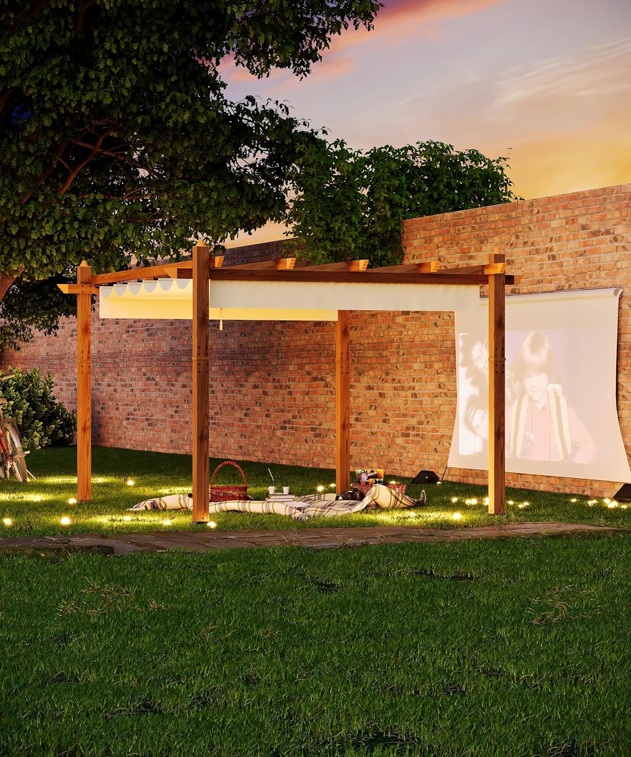 GarveeLife 10 x 13 ft Wood-Grain Aluminum Pergola Outdoor Pergola with Retractable Canopy Sun Shade Shelter for Garden, Patio, Backyard, Deck - Beige