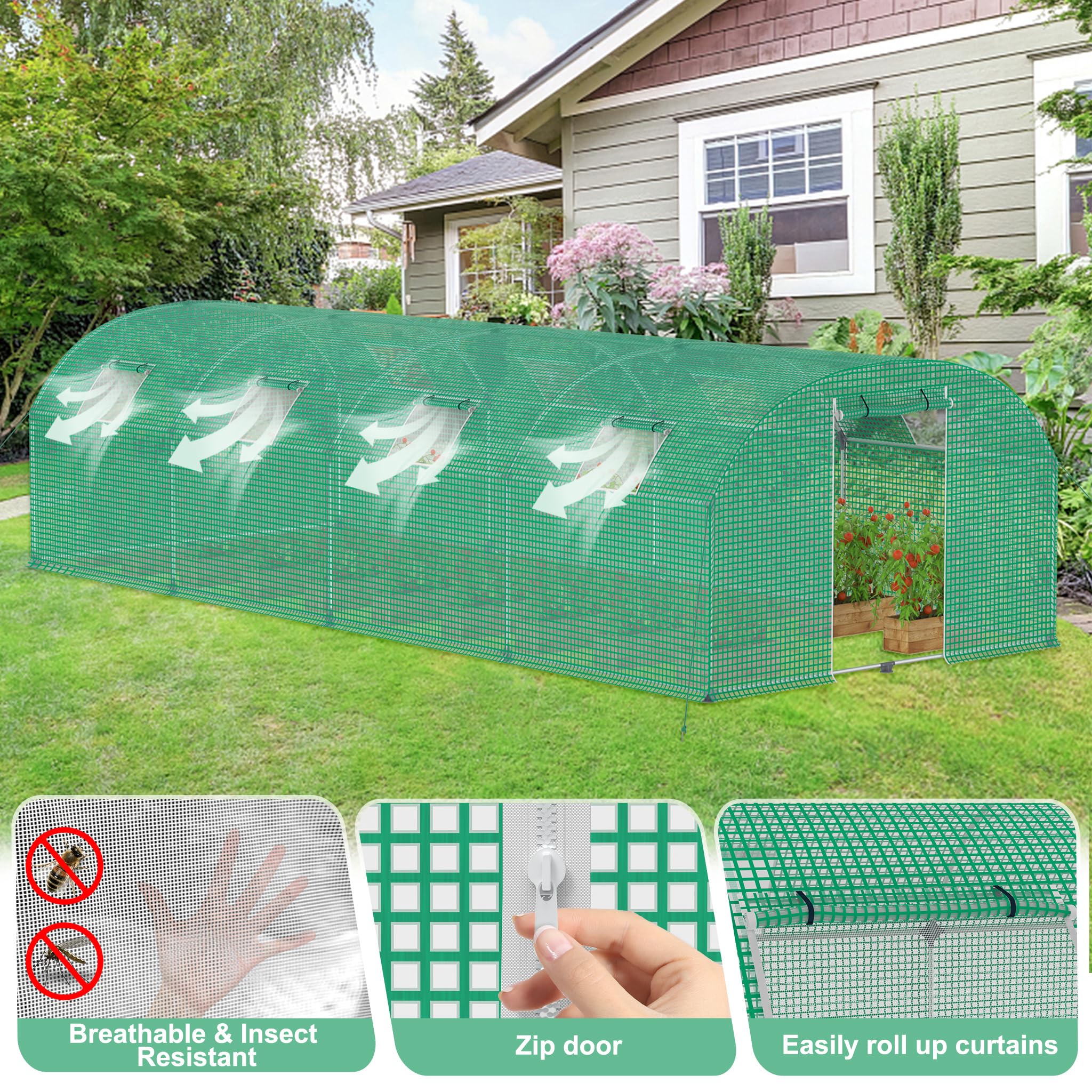 Aufun – Invernadero de polietileno estable 3x8x2 m con 8 ventanas con mosquitero y puerta | Túnel de jardín con estructura de acero galvanizado | Invernadero para tomates, tienda de polietileno