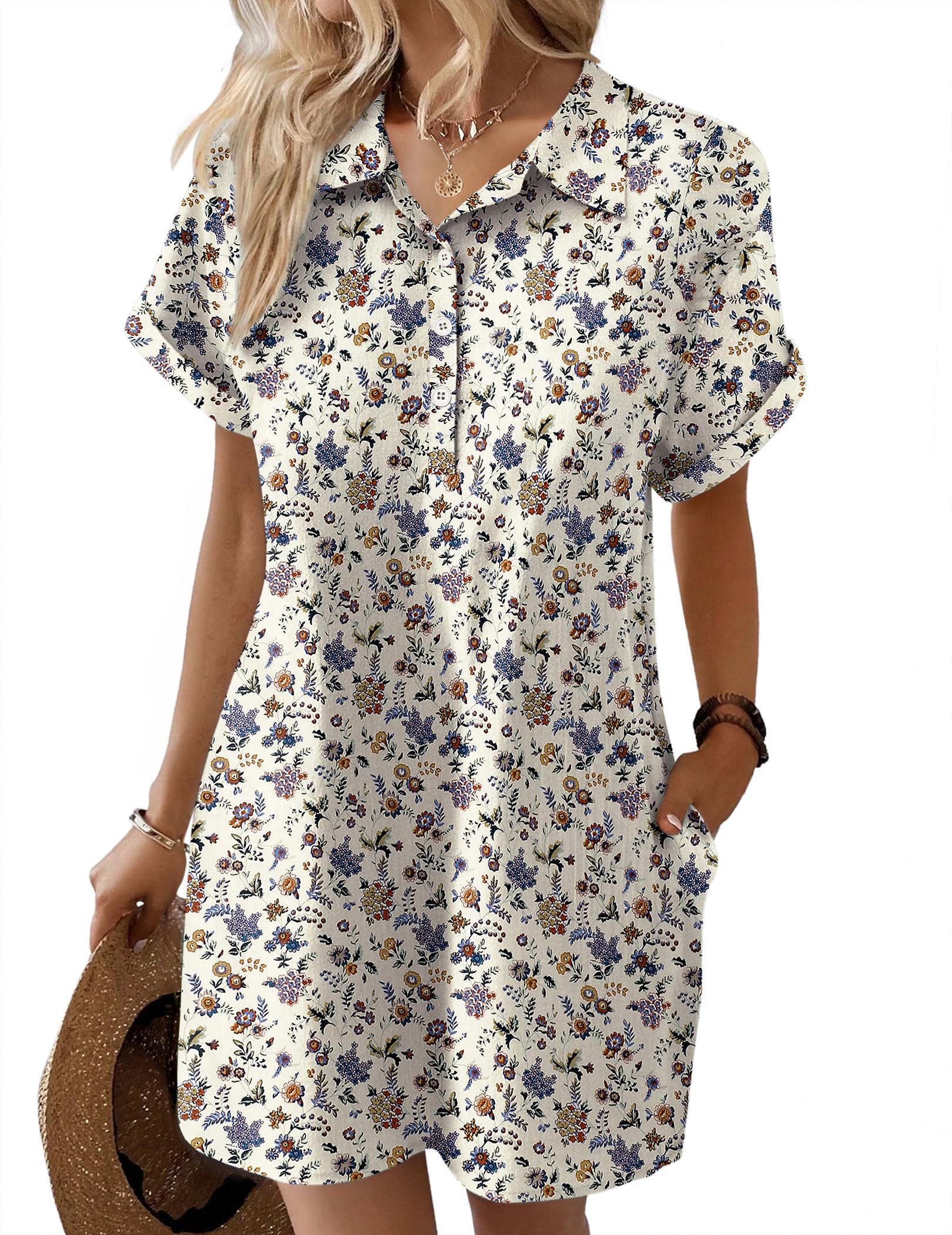 Zeagoo Vestido camisero de algodón para mujer, de verano, casual, de manga corta, con botones, para la playa, con bolsillos