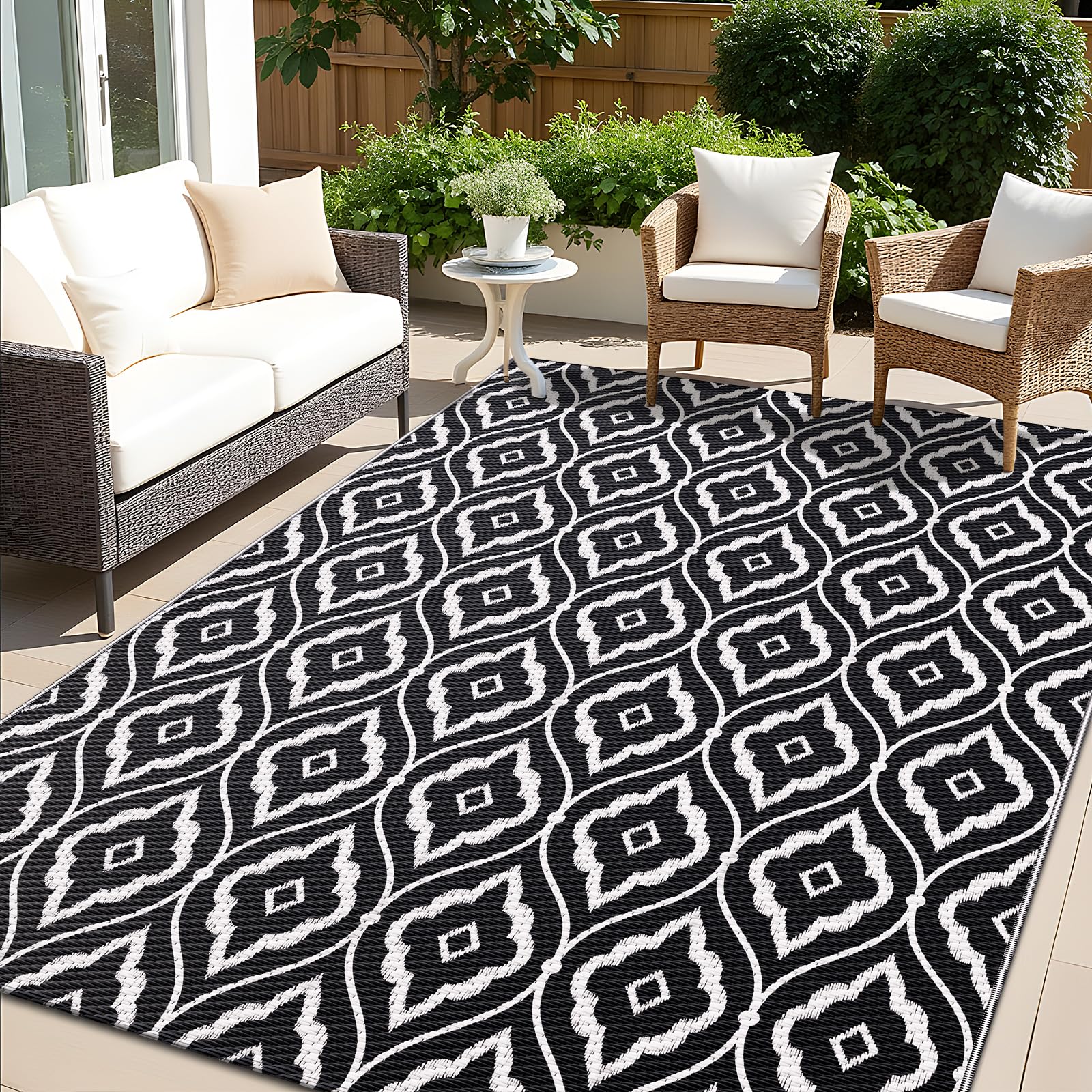 OLANLY Outdoor Rug 6x9 ft Waterproof, Outdoor Plastic Straw Rug with Geometric Pattern Clearance, Reversible RV Mat for Patio, Camping, Balcony, Deck,