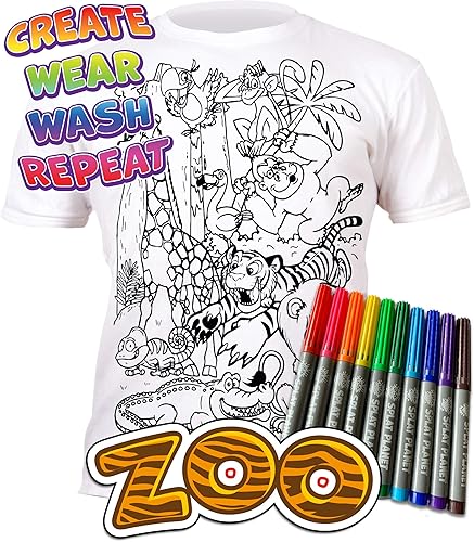 Miniatura 3 de Splat Planet Colorea en animales del zoológico, camiseta Jungle Safari con 10 bolígrafos mágicos lavables no tóxicos y lavables, Blanco