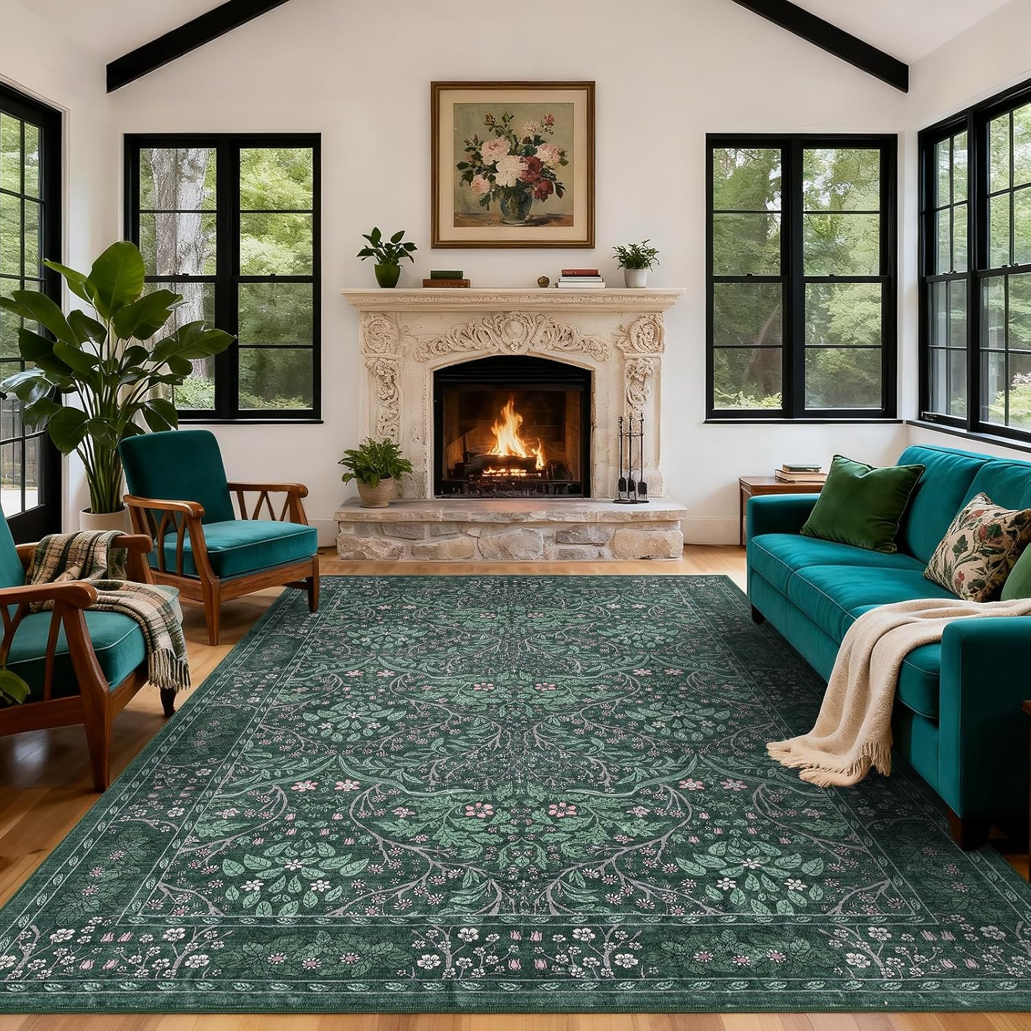 Boho 8x10 Area Rug for Living Room，Floral Washable Rug for Dining Room Entryway Farmhouse Nursery Home Office，Low Pile Stain & Slip Resistant Vintage Large Carpet for Bedroom-Dark Green