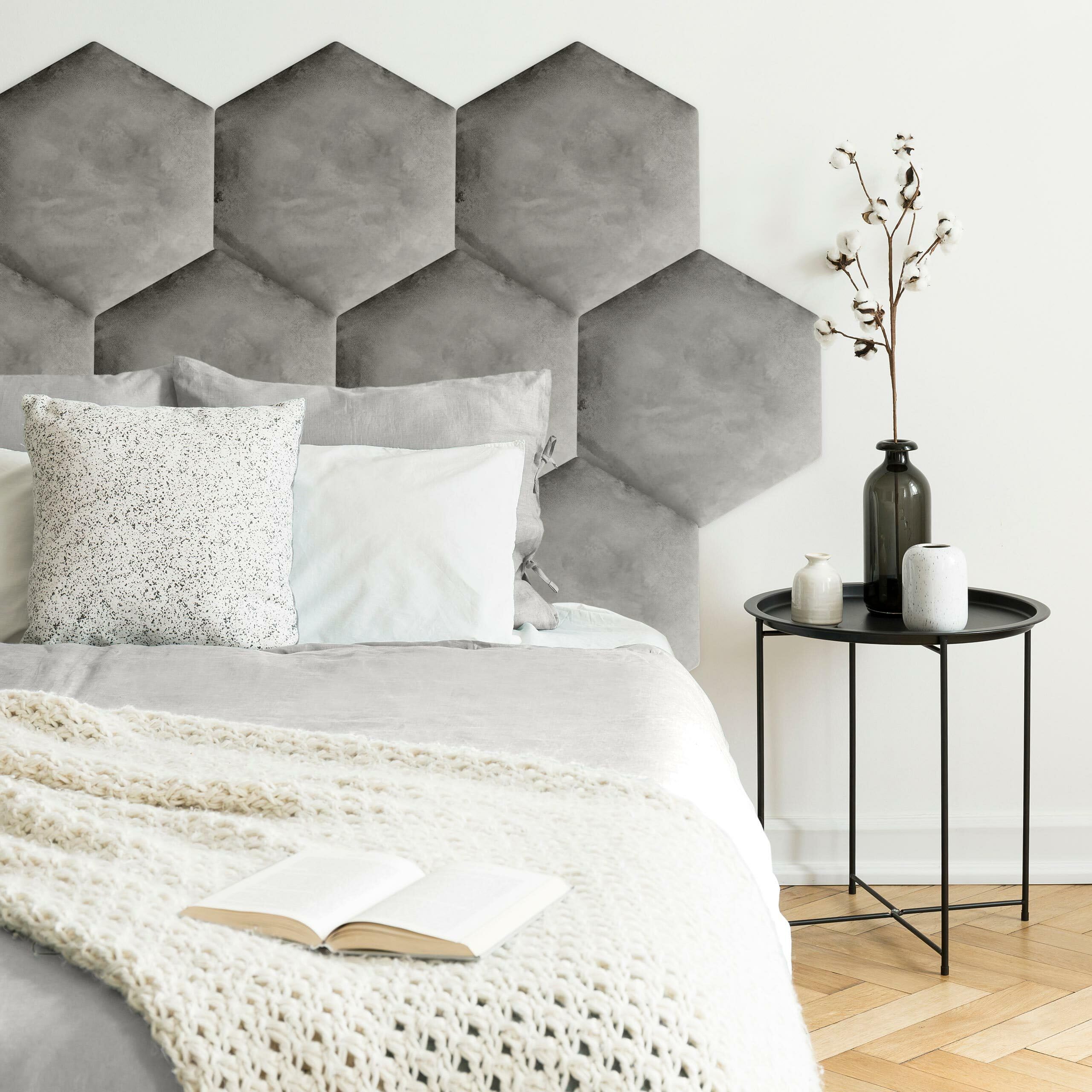 Muralo Fluwelen Wandkussen, zeshoekig stof, bekleed paneel, slaapkamer, woonkamer, bed, wandkussen, bedhoofdeinde, lendenkussen, modern, luxe, grijs, 30 x 26 cm
