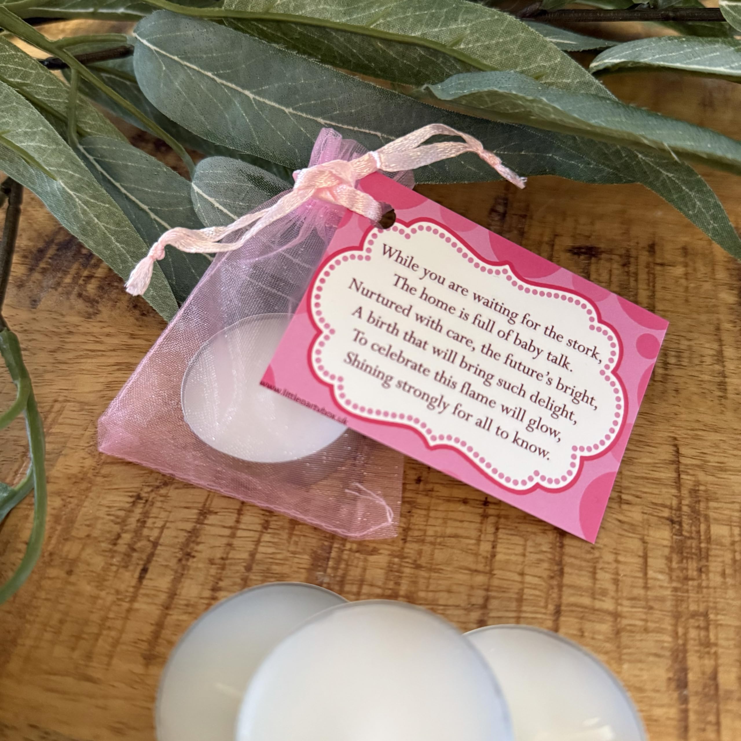 Lovely Little Things Baby Shower Candle Favours for Guests, 20 Pack Pink Tealight Candles with Organza Bags & Poem Cards - Image 3