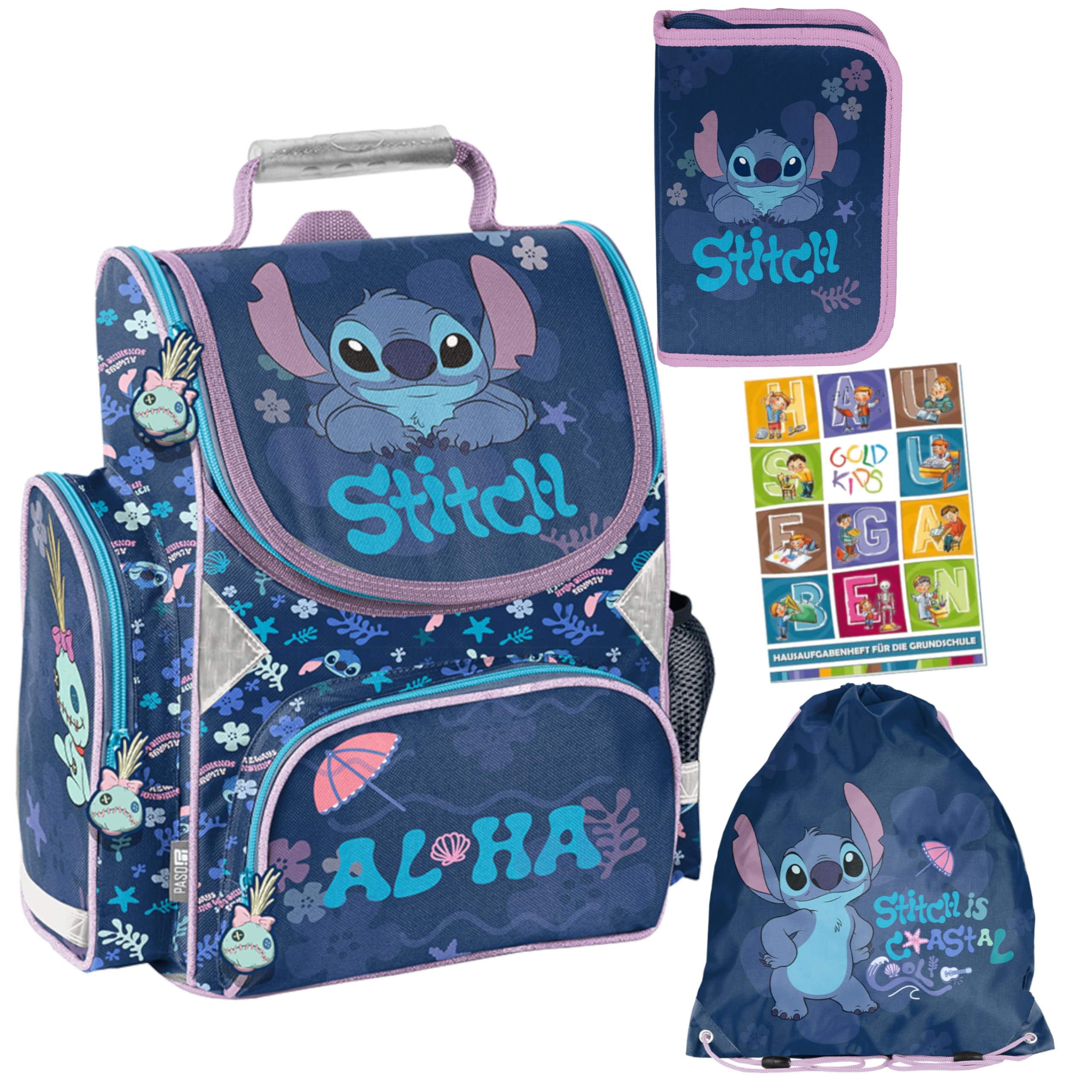 PASO Set di 4 zaini per la scuola per bambini e bambine, con astuccio, astuccio per scarpe e quaderno per i compiti, motivo Stitch, 1-3 elementi