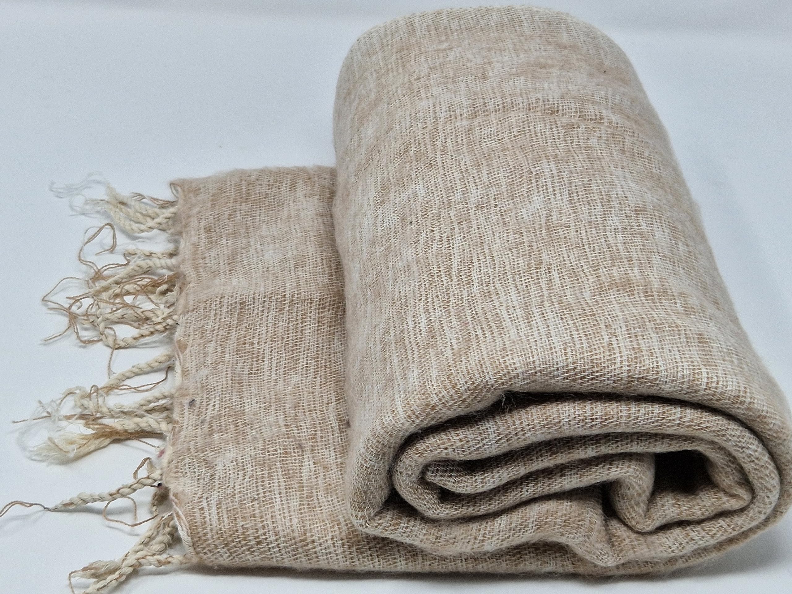 Nepalesische handgefertigte Yak-Wolldecke, weiche übergroße Schals, Überwürfe, Meditations-Wickeldecke, Yak-Wolle, Yak-Wollschals, Beige, beige, 90 inch x 47 Inch