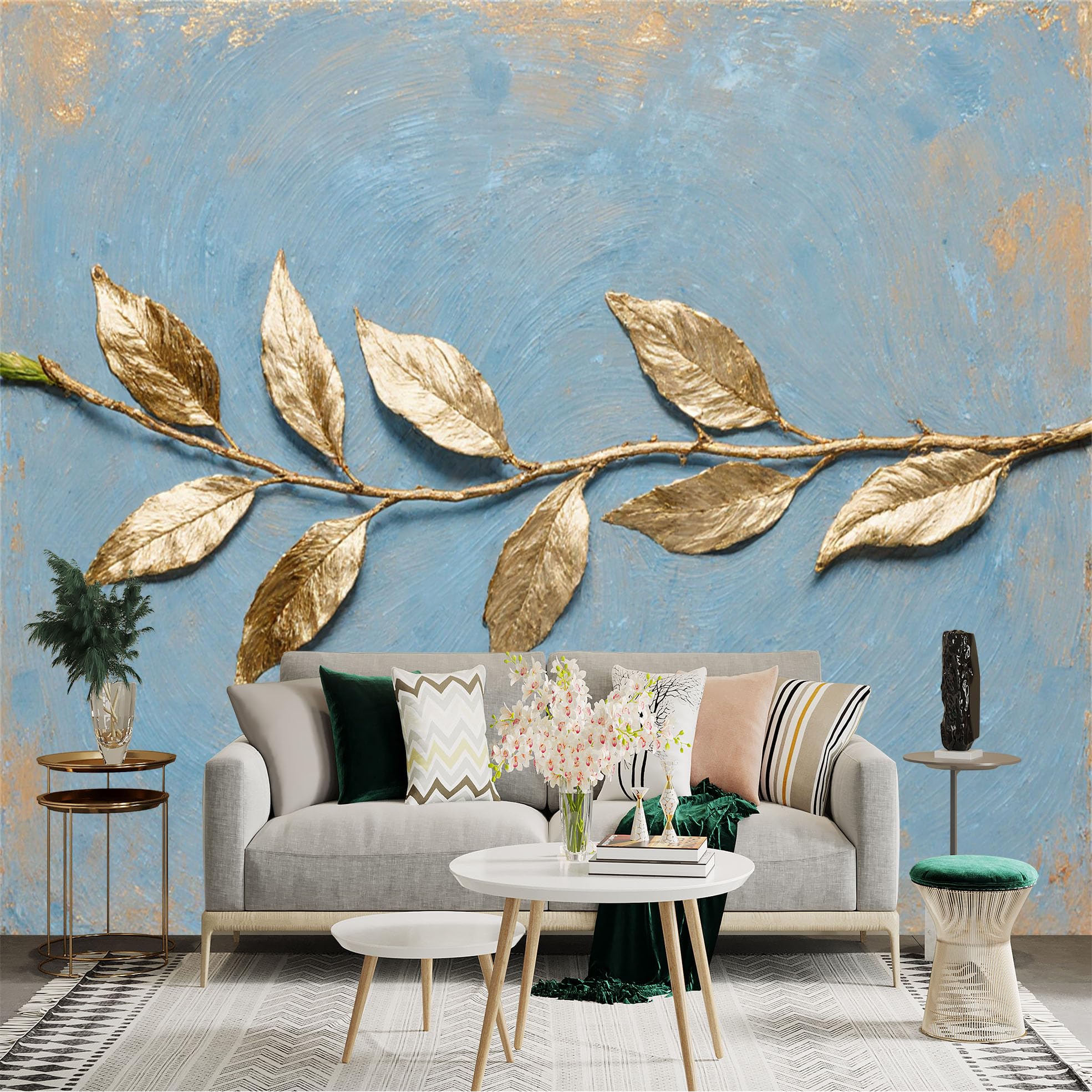 Custom Size Wall Sticker Mural， Golden Metallic Branch， Elegant Leaves Art， Blue Textured Background， Modern Botanical Decor， for wall Decoration， peelandstick wall Decals.