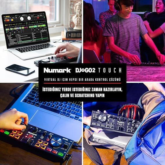 Numark DJ2GO2 Touch – Mini DJ controller for travel – 2-panel USB DJ console, audio interface and capacity Jogwheels, 4 Pad mode; software included