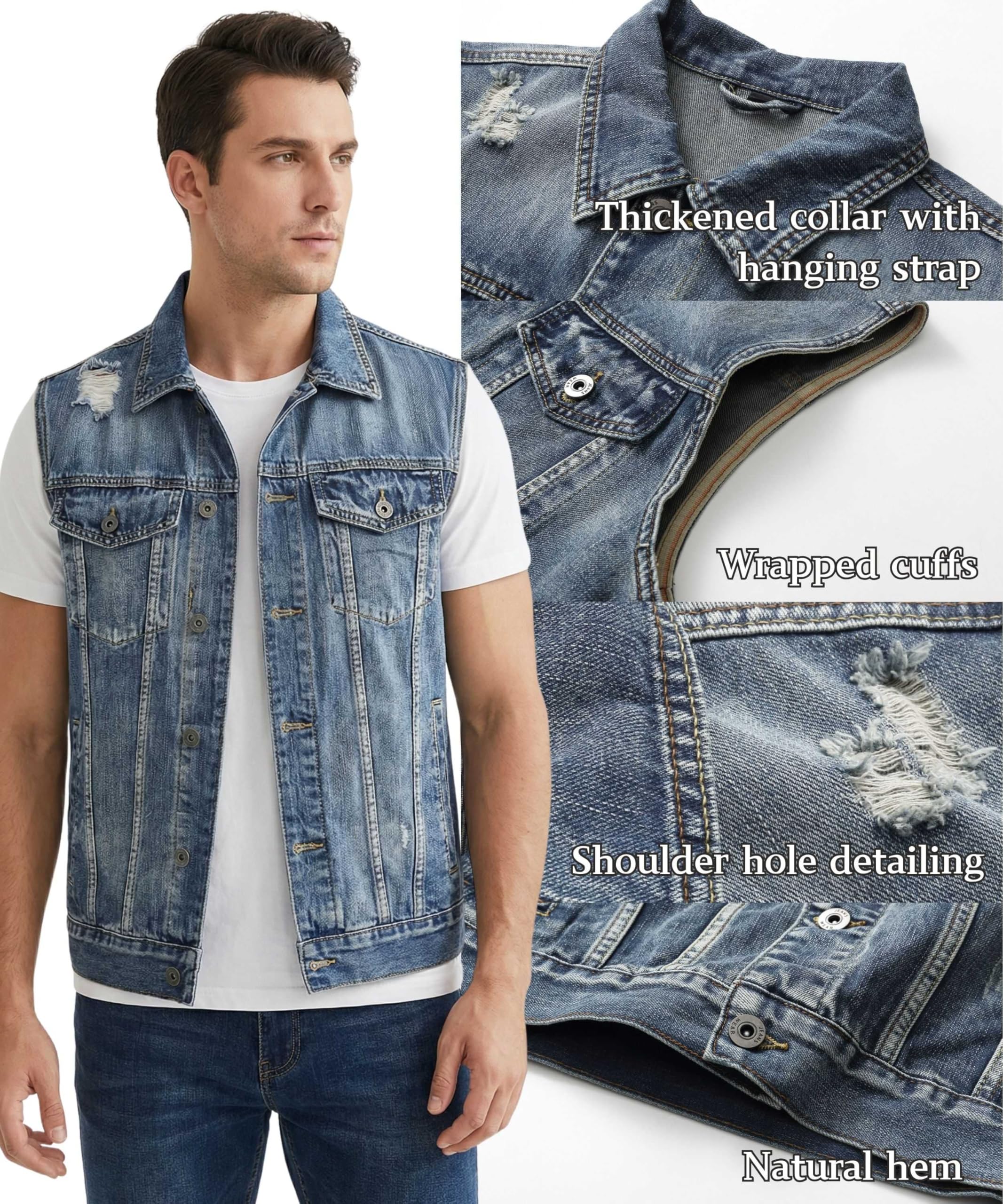 Chaleco de Denim para Hombre Clásico Rasgado de Algodón Chaleco Sin Manga Vintage Jeans Chaqueta con Botones Moto Multibolsillos