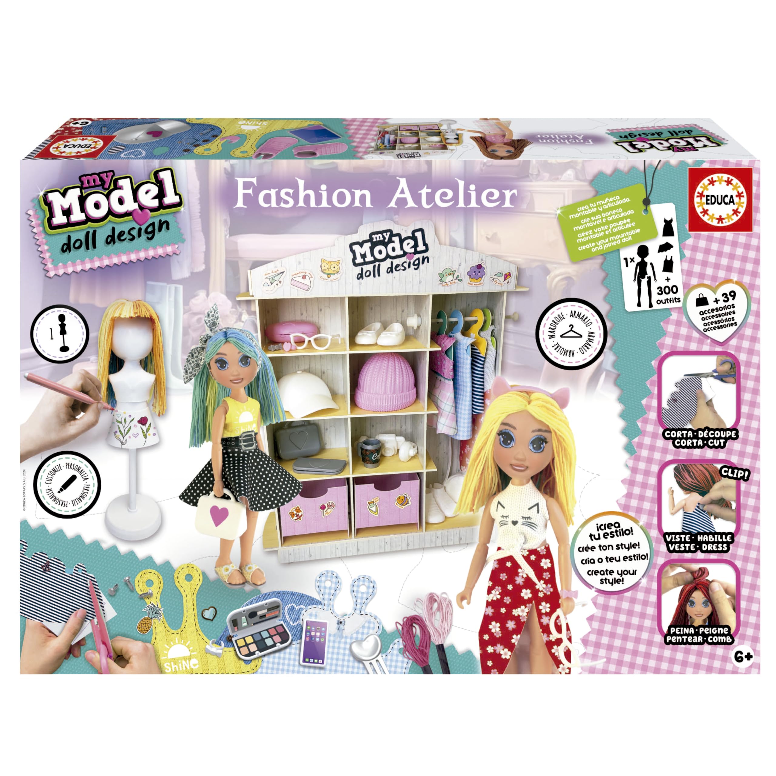 Educa - My Model Doll Design Fashion Atelier | CREA más de 300 increíbles Looks Distintos. Muñeca articulada, péinala, Corta la Tela y vístela. Incluye maniquí y Armario (19350)