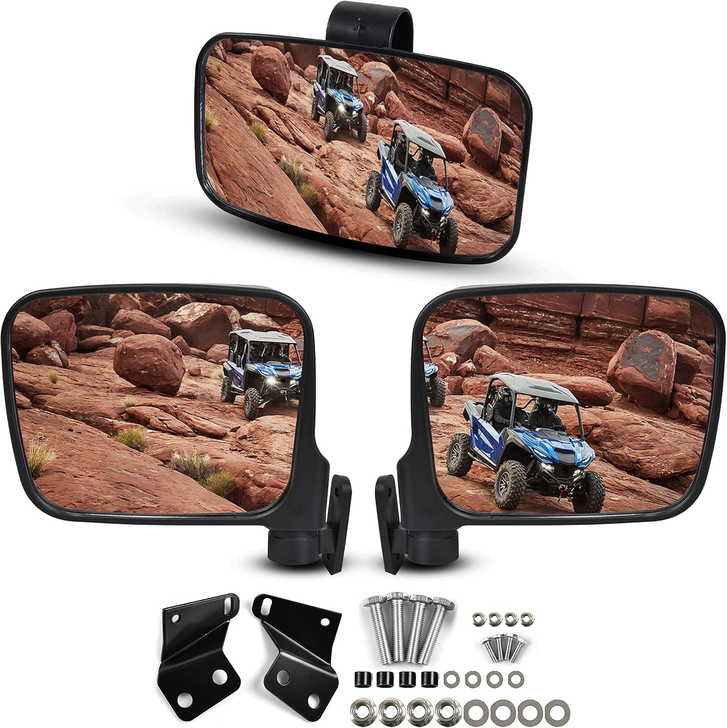 SAUTVS Center Rear View Mirror and Side Mirrors Kit for Yamaha RMAX 1000, Convex Center Mirror and Adjustable Folding Side Mirrors for Yamaha Wolverine RMAX2 RMAX4 1000 2021-2025 Accessories