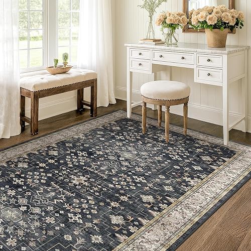 Miniatura 652 de Alfombra Boho Negra para Sala de Estar - Alfombra de Área Lavable de 10x14 Pies, Alfombras de Comedor para Debajo de la Mesa, Alfombra Suave de Pelo