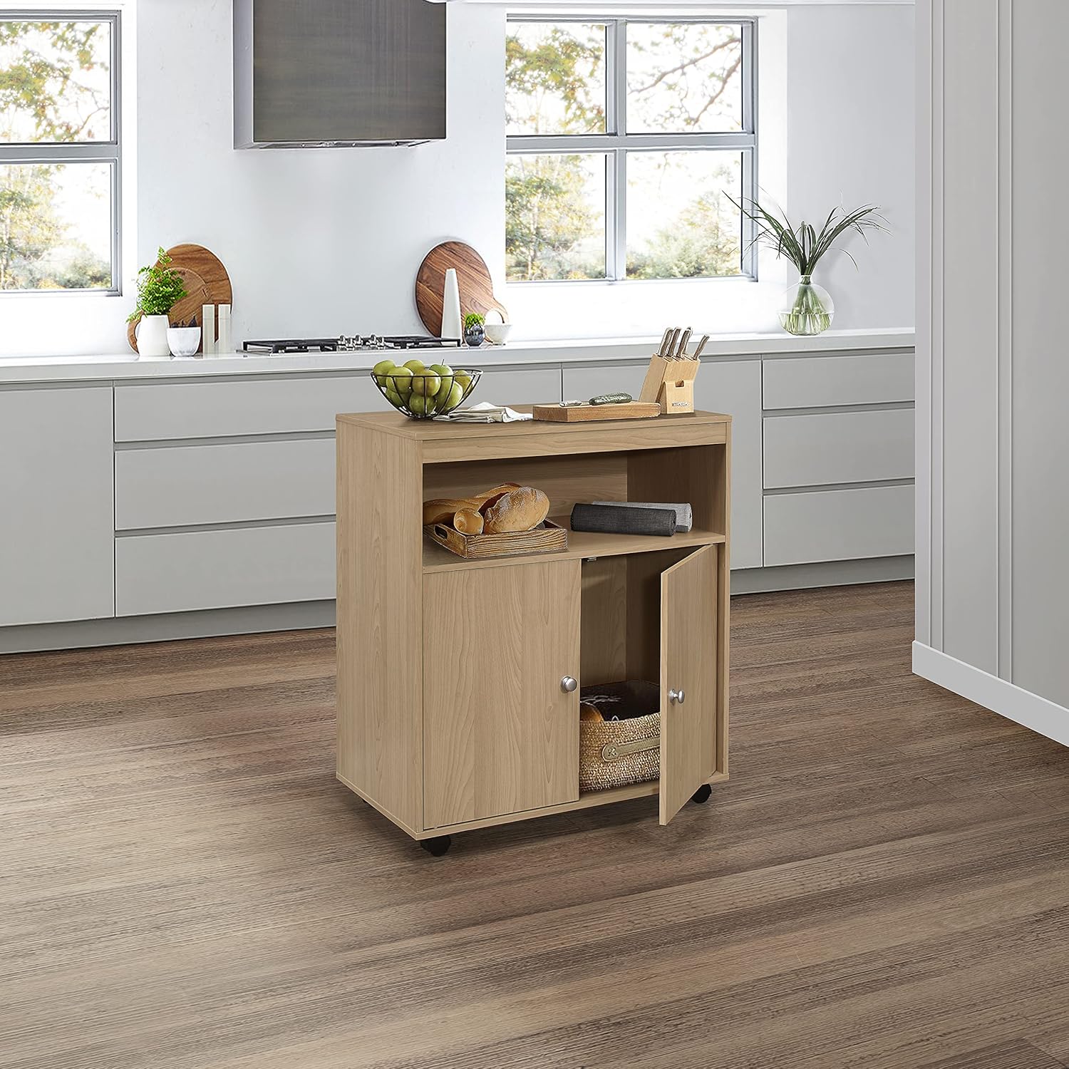 Kings Brand Furniture - Microwave Kitchen Cart, 2-Door Accent Storage Cabinet (Beech)