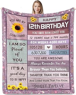 Nuritus 12 Year Old Girl Gifts, Gifts for 12 Year Old Girl, 12th Birthday Gift for Girls, 12th Birthday Decorations for Girls Boys, Gift Ideas for 12 Birthdays Blanket 50"x60"