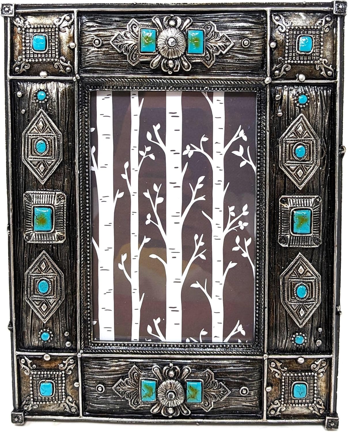 BestGiftEver Tabletop Photo Frame with Unique Southwestern Pattern | Turquoise Gem Accents | Western Decrorative Picture Frame | Rustic Turquoise and Silver Native American Home Decor