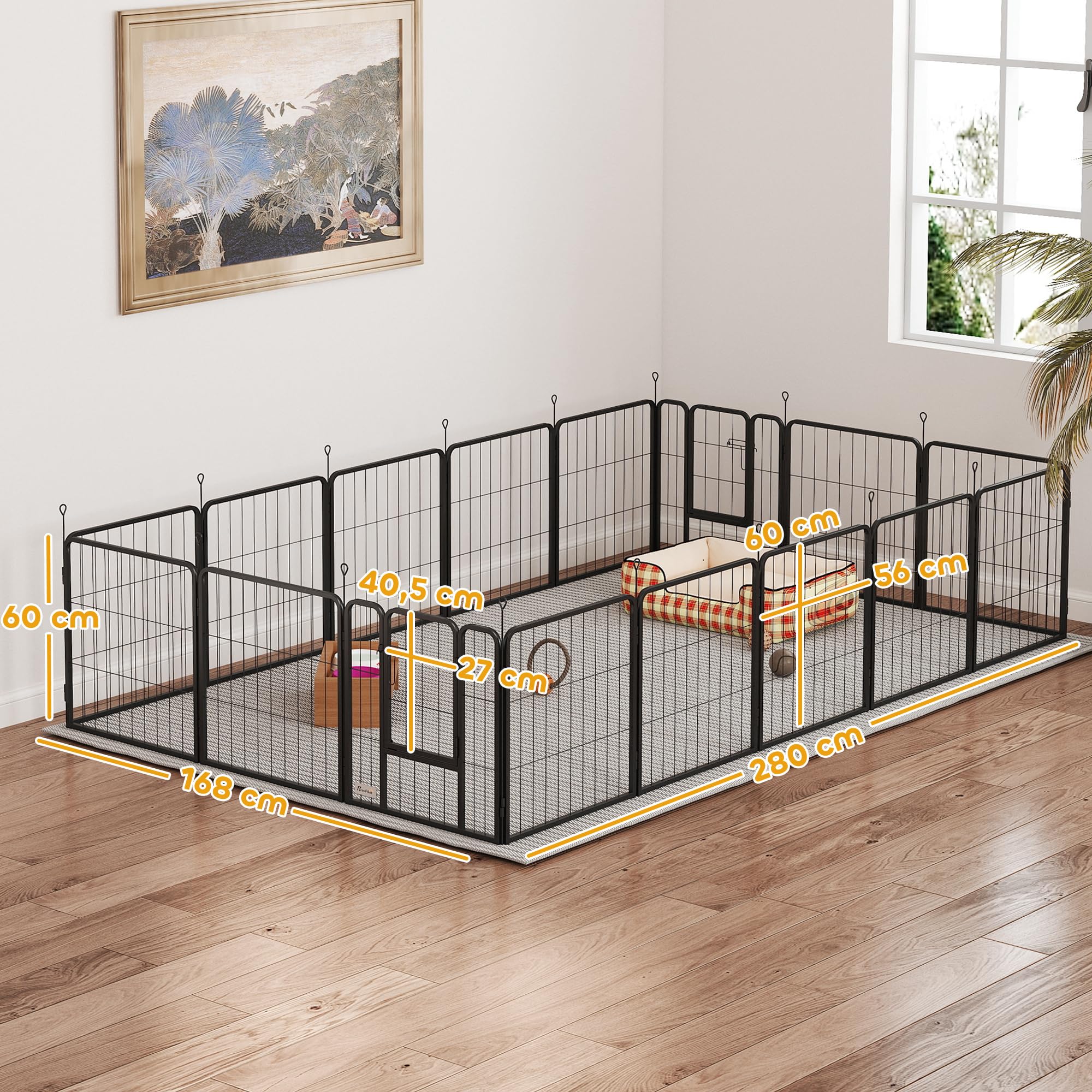 PawHut Parc pour Chien, enclos Chien 16 Panneaux modulable et Pliable, enclos Portable en Acier 60H cm avec 2 Portes, clôture pour Petits Chiens, intérieur et extérieur, Noir