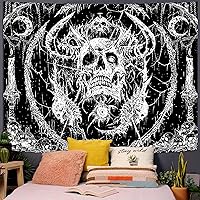 Vista 2 de Lifeella Tapiz de calavera, gótico de terror, luna, esqueleto, místico, oscuro, tapices para dormitorio, grunge, para colgar en la pared, blanco