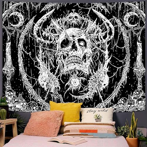 Miniatura 2 de Lifeella Tapiz de calavera, gótico de terror, luna, esqueleto, místico, oscuro, tapices para dormitorio, grunge, para colgar en la pared, blanco y