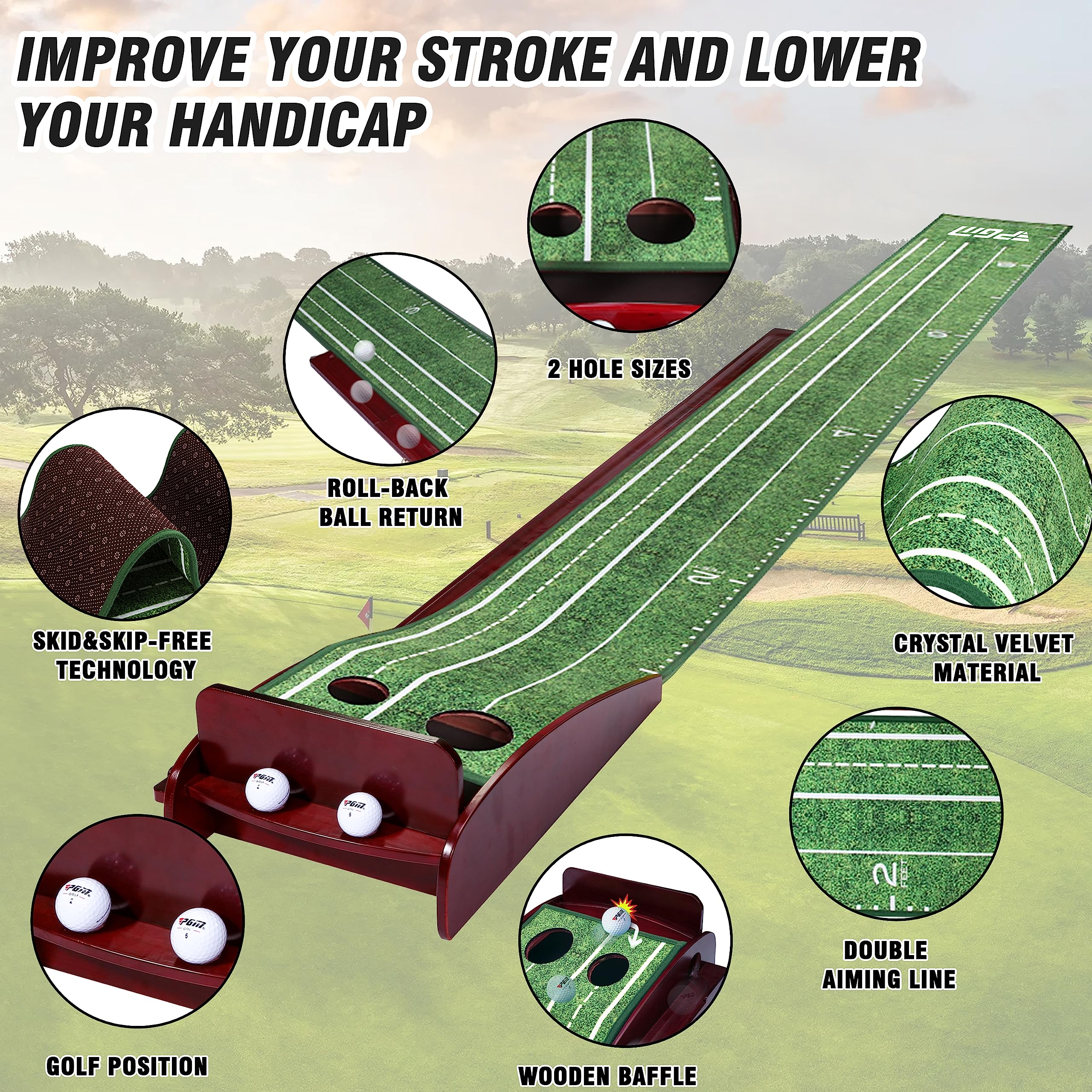 PGM Perfect Practice Putting Mat Indoor Golf Putting Green with 1/2 Hole Training, Auto Ball