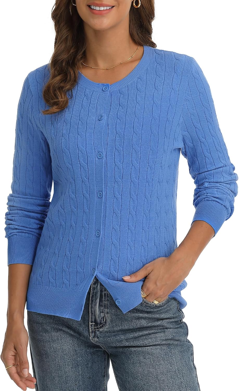 QUALFORT Womens Cable Knit Cardigan Sweaters Long Sleeve Lightweight Crewneck Button Up Sweater 2026 - Image 2