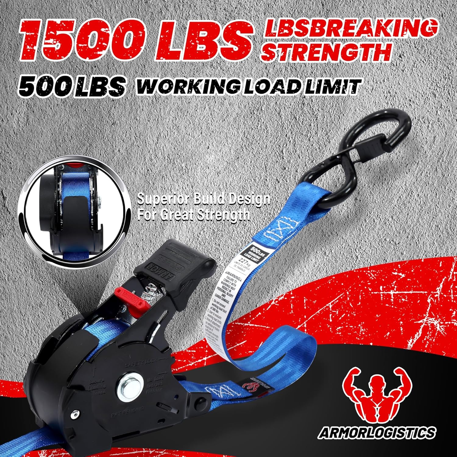 Retractable Ratchet Straps 4 Pack, 1 in x 12 FT Auto Ratchet Straps for Motorcycle, Kayak and Trucks, Breaking Strength 1,500LBS/500LBS Working Load Limit Blue - Image 2