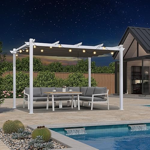 Miniatura 12 de PURPLE LEAF Pérgola Retráctil para Exteriores de 10' X 12' con Toldo de Sombra Solar Cubierta Blanca Refugio de Metal para Patio Jardín Porche Patio