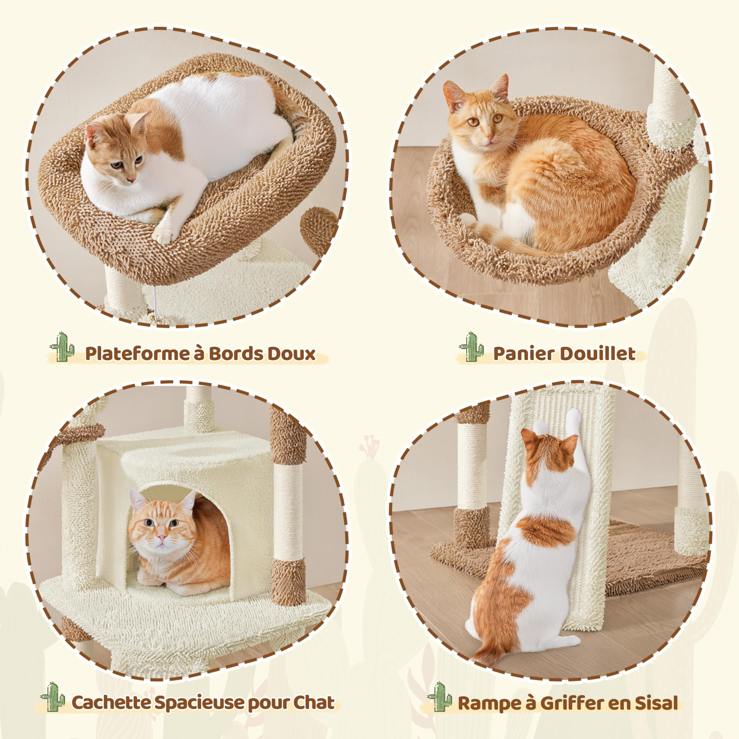 Yaheetech Arbre à Chat Cactus Hauteur 106,5 cm Tour pour Chat en Tissu Moppy avec Poteaux en Sisal Plateformes Niche Panier Perchoir Griffoirs Maison (Beige/Marron)