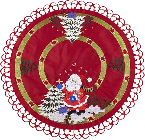 Tapete bordado de Papá Noel y árboles de Navidad, tapete individual sobre rojo (redondo de 24 pulgadas)