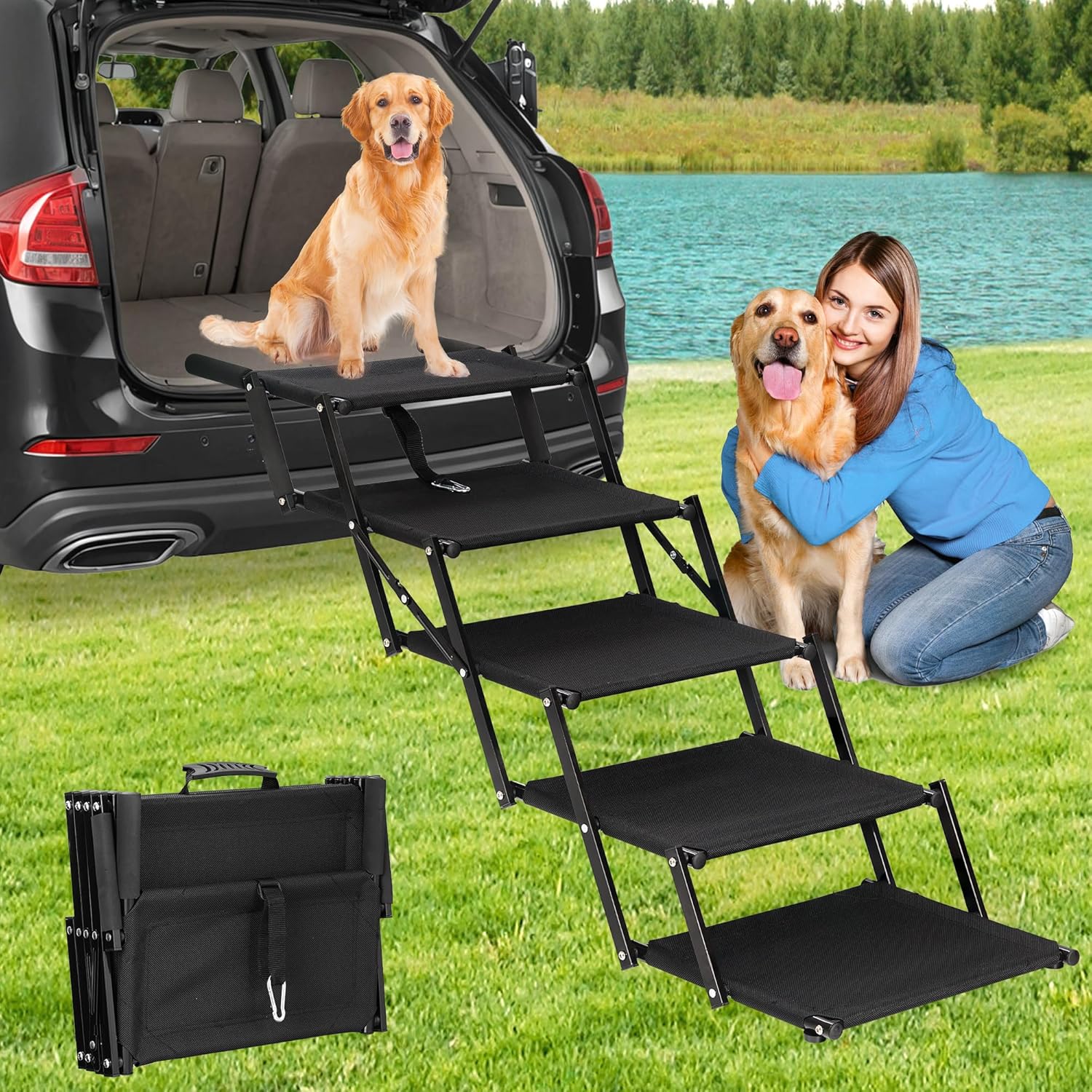 Dog Stairs for Large Dogs, Foldable Pet Stairs Non-Slip Surface Pet Ramp for Car SUV Truck High Beds Couch, Supports up to 150 lbs, 5 Steps