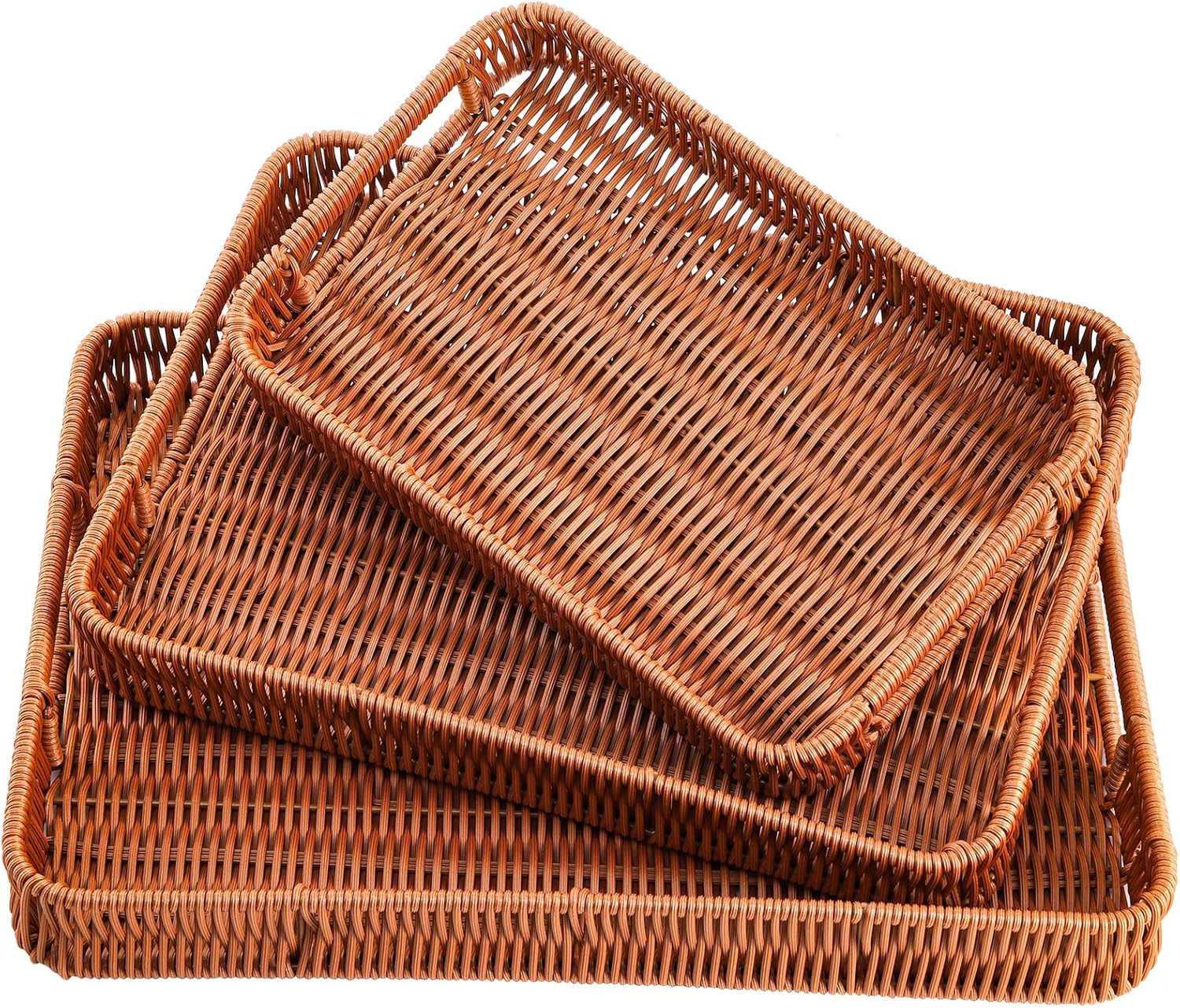 Yarlung 3 Pack Woven Baskets Serving Trays with Handles, Plastic Wicker Bread Baskets Rectangular Platters for Fruit, Vegetables, Breakfast, Snacks, Dining Coffee Table, 3 Sizes